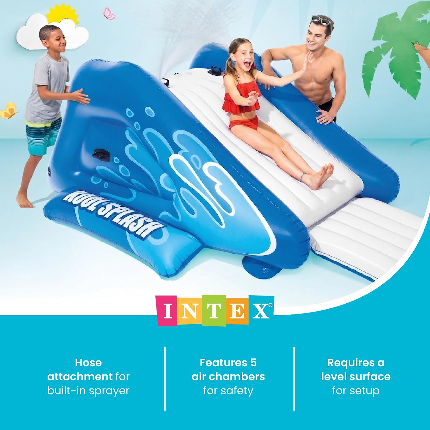 Intex Kool Splash Inflatable Water Slide Swimming Pool Play Center with Built in Sprayers for Kids and Adults, Ages 6 and Up, Blue
