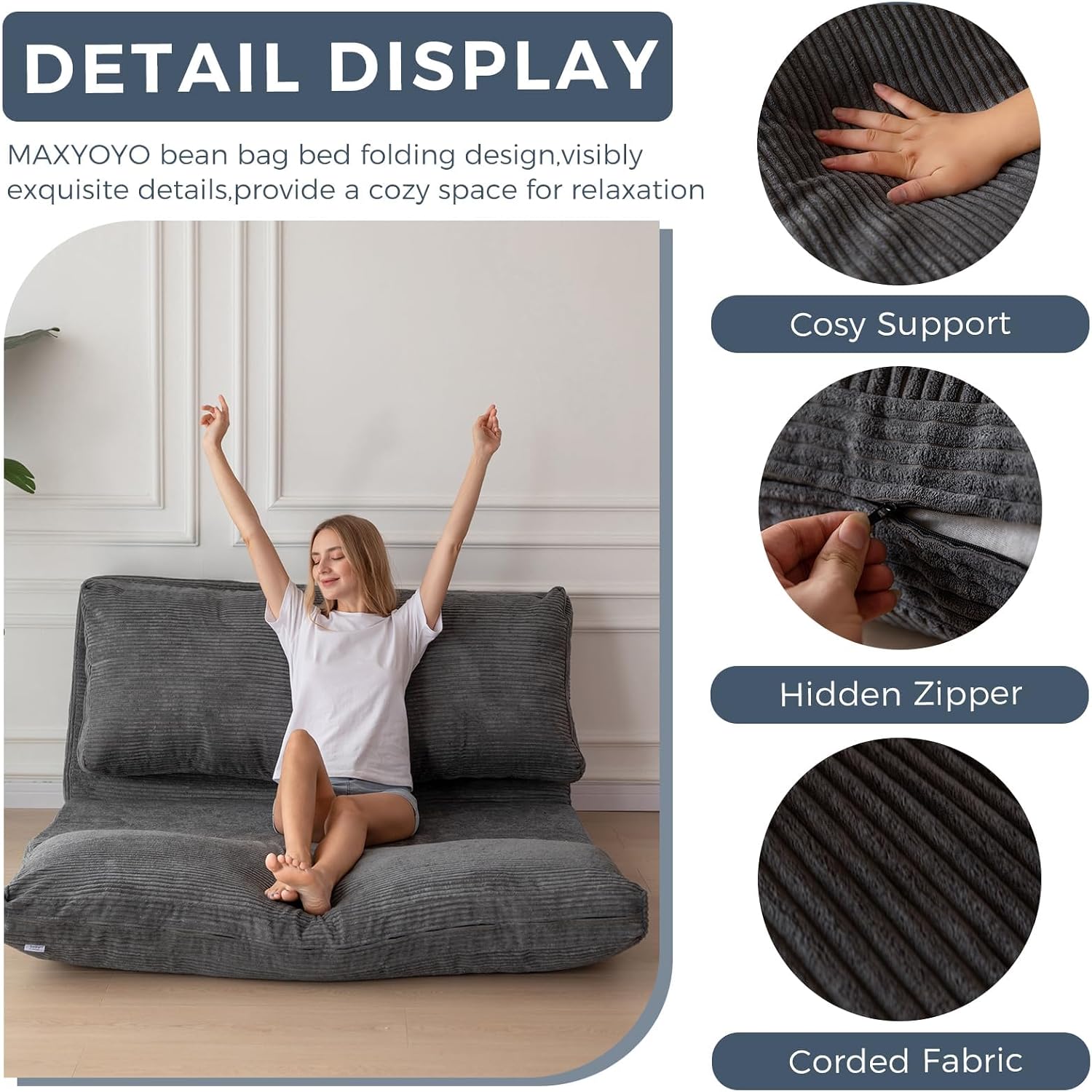 MAXYOYO Folding Sofa Bed, Extra Thick and Long Floor Sofa Convertible Sleeper Chair with Washable Cover, Floor Couch Lounge Bean Bag Bed for Living Room, Dark Grey, 39x95 Inch