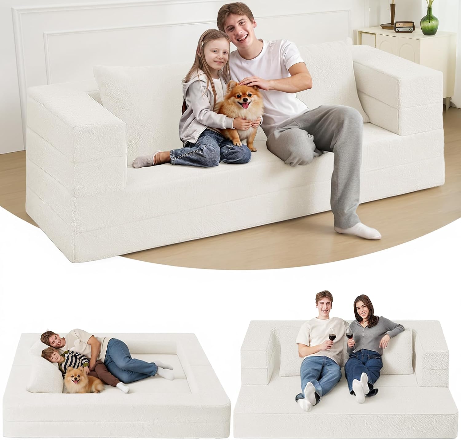 Futon Sofa Bed with Pillow, 3-in-1 Sleeper Sofa Bed with Removable Cover, Convertible Floor Sofa Bed, No Assembly Boneless Couch for Living Room, Bedroom