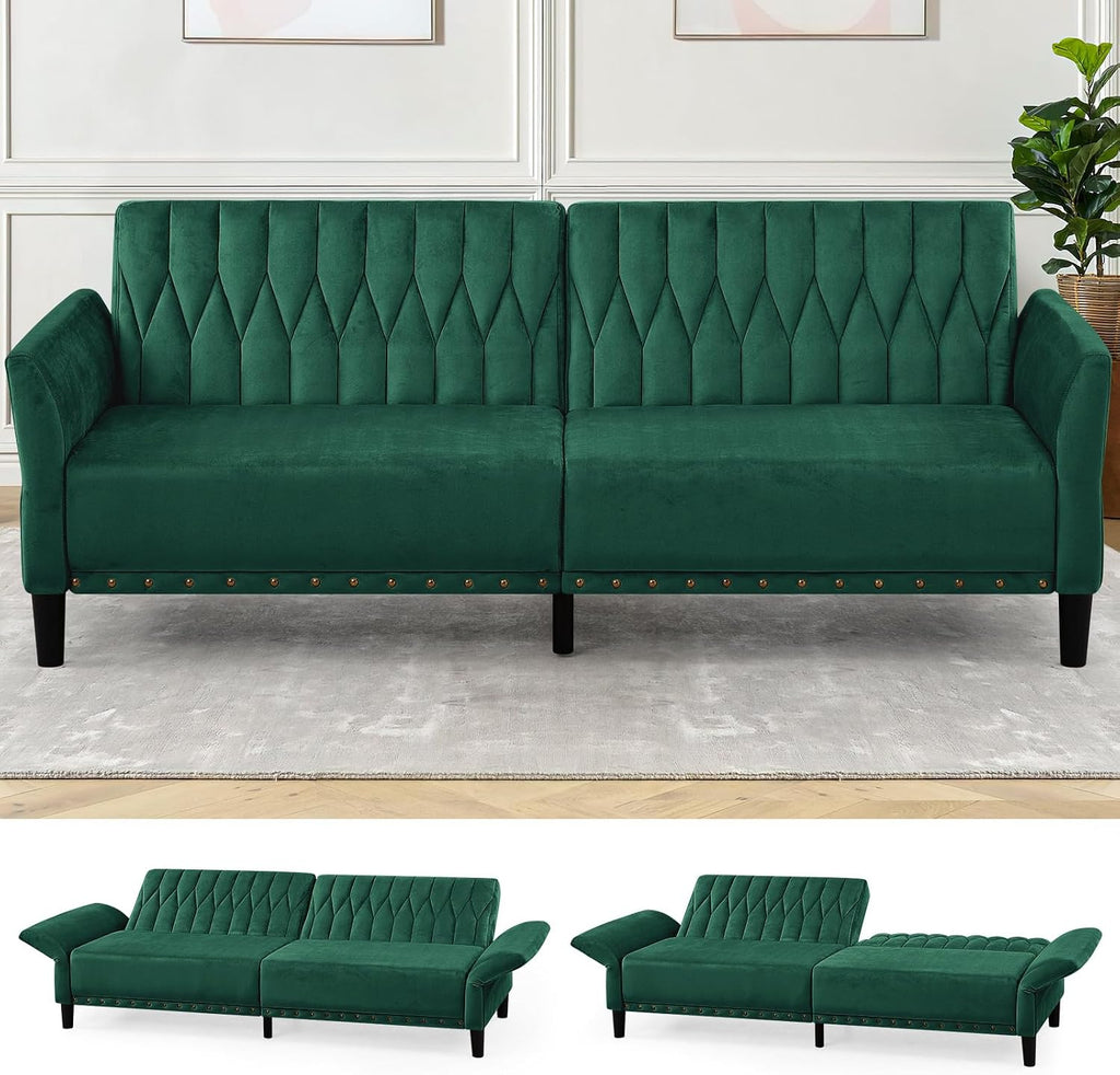 77' Velvet Sleeper Couch with Adjustable Backrests & Armrests, Modern Sofa Bed with Nailhead Trim, Tufted Loveseat Sofa with Deeper Seat for Living Room,Office,Green