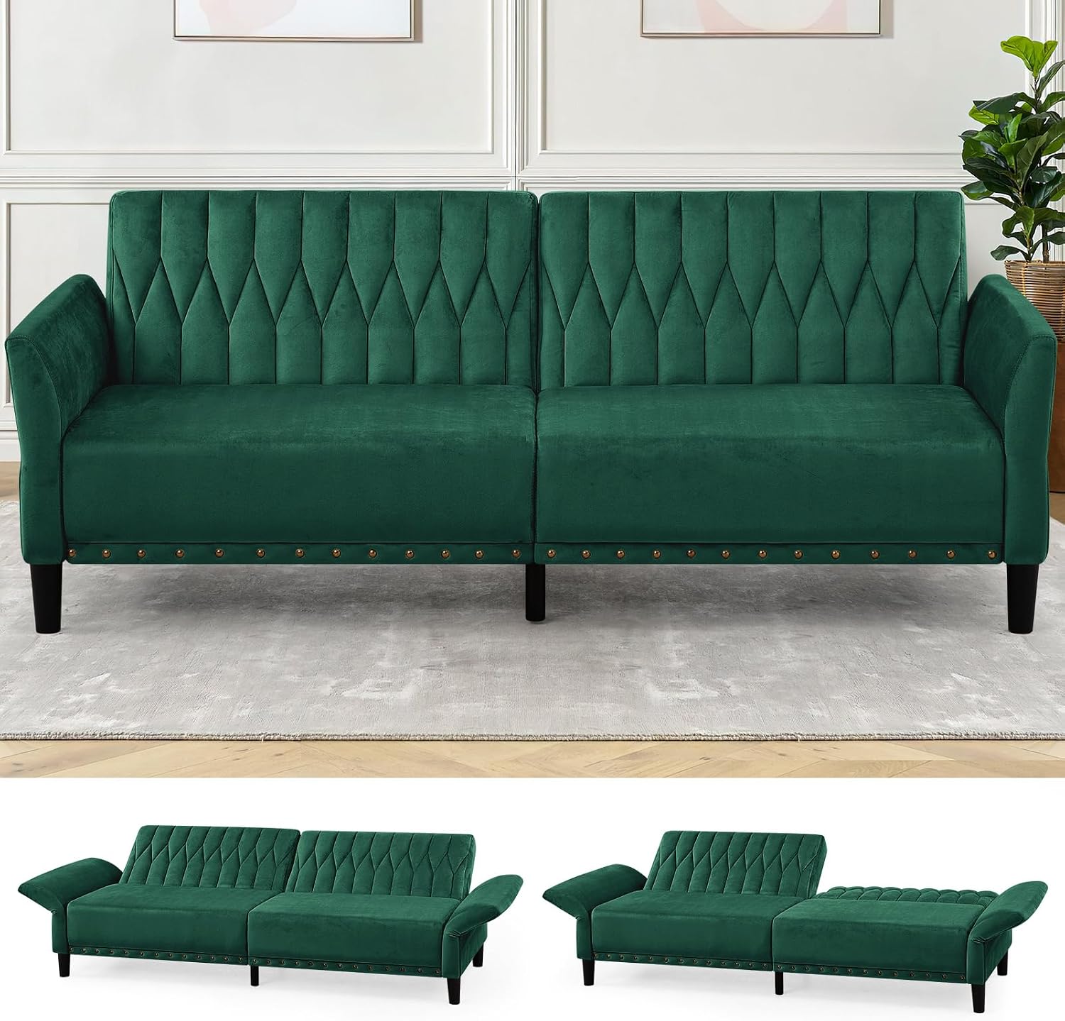 77' Velvet Sleeper Couch with Adjustable Backrests & Armrests, Modern Sofa Bed with Nailhead Trim, Tufted Loveseat Sofa with Deeper Seat for Living Room,Office,Green