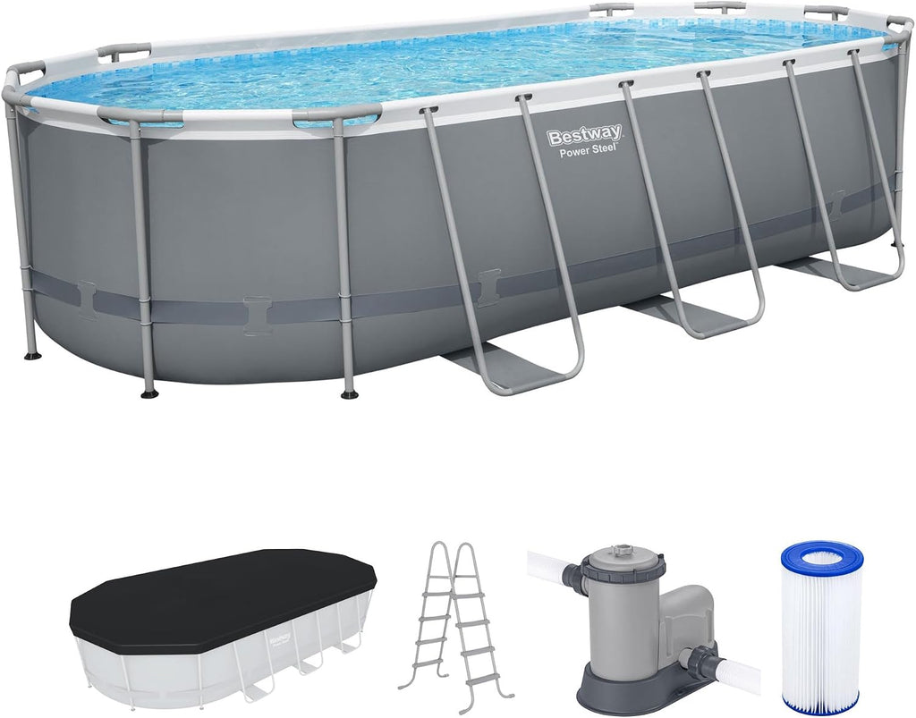 Bestway Steel Pro MAX 18' x 9' x 48' Above Ground Pool, Oval Metal Frame Outdoor Swimming Pool Set with Filter Pump, Ladder, and Cover, Gray