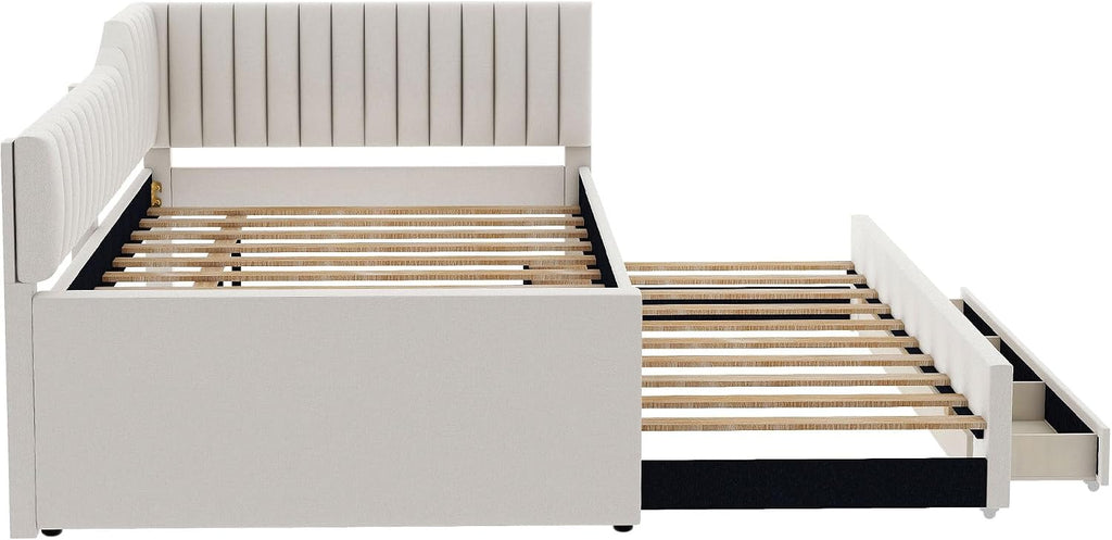 Merax Full Size Upholstered Wood Daybed Extendable Sofa Bed with Trundle and Three Storage Drawers for Living Room Guest Room, Beige