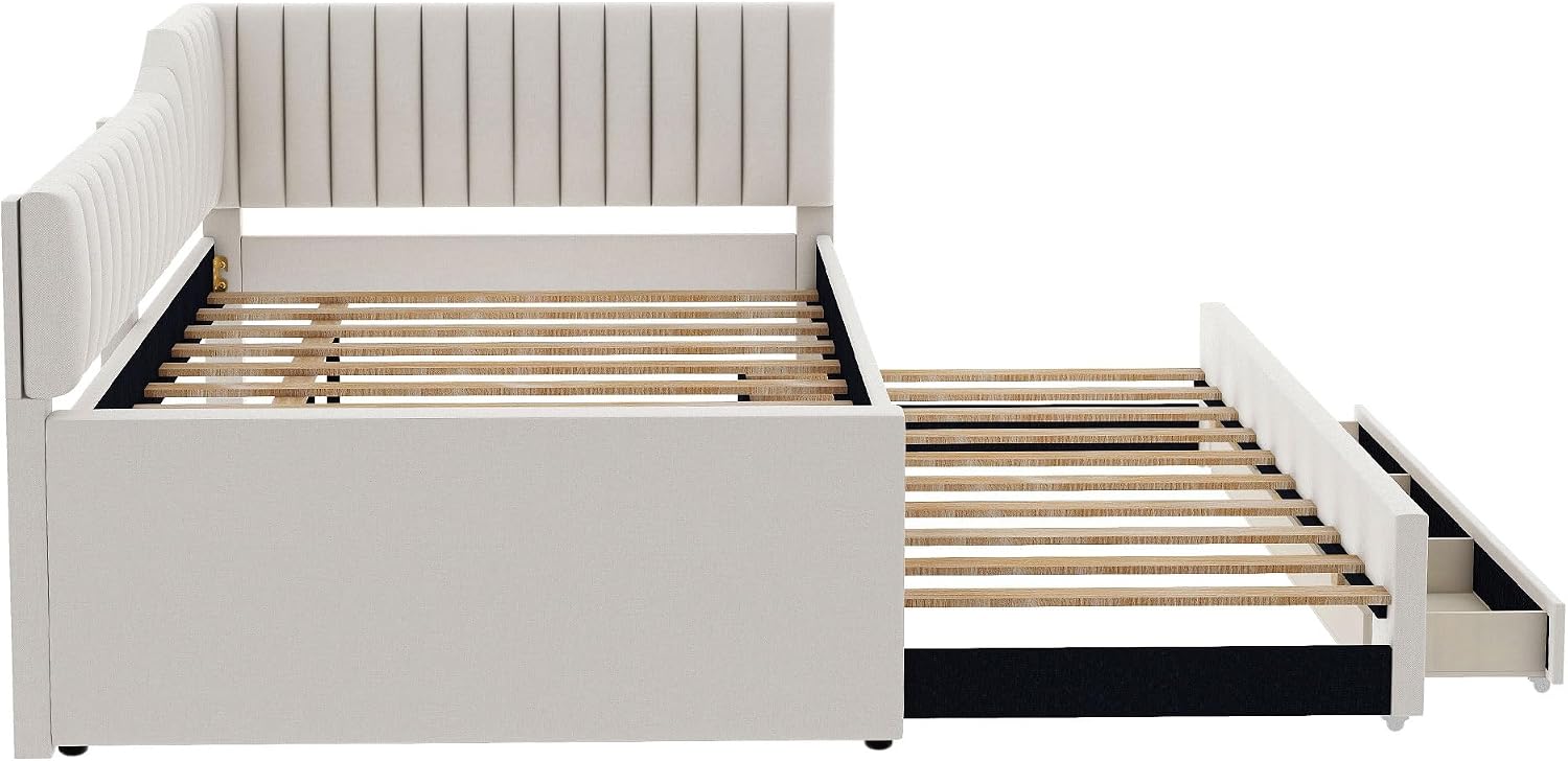 Merax Full Size Upholstered Wood Daybed Extendable Sofa Bed with Trundle and Three Storage Drawers for Living Room Guest Room, Beige