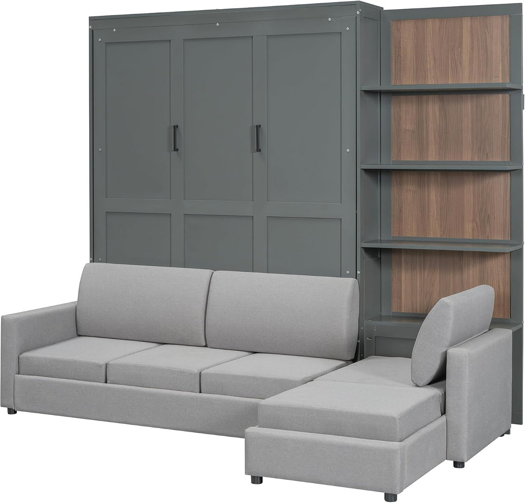 Merax Queen Murphy Bed with Sofa, Wood Folding Wall Bedframe with Soft Couch and Shelves, for Guest Room, Home Office or Small Bedroom, Grey