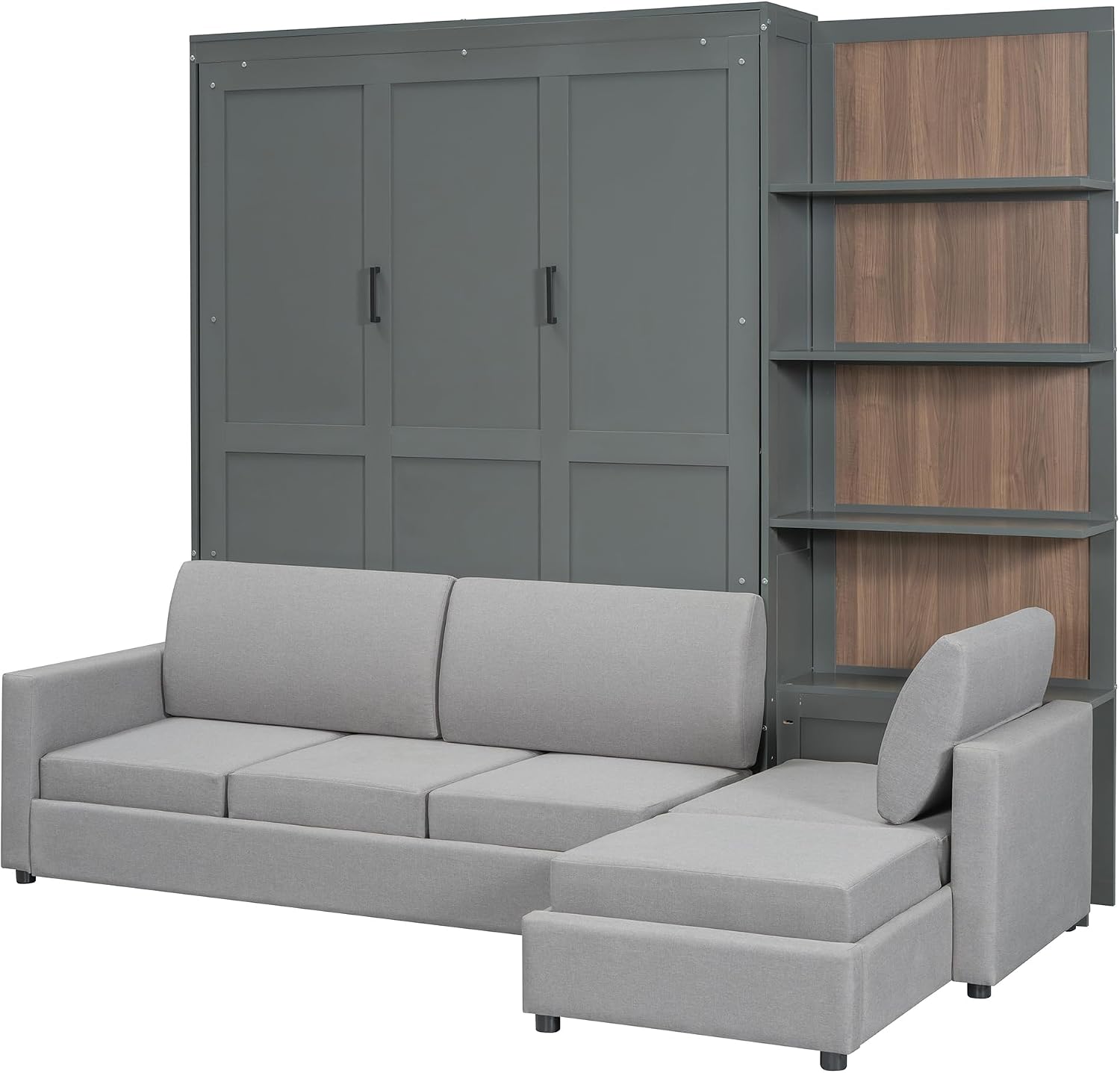 Merax Queen Murphy Bed with Sofa, Wood Folding Wall Bedframe with Soft Couch and Shelves, for Guest Room, Home Office or Small Bedroom, Grey
