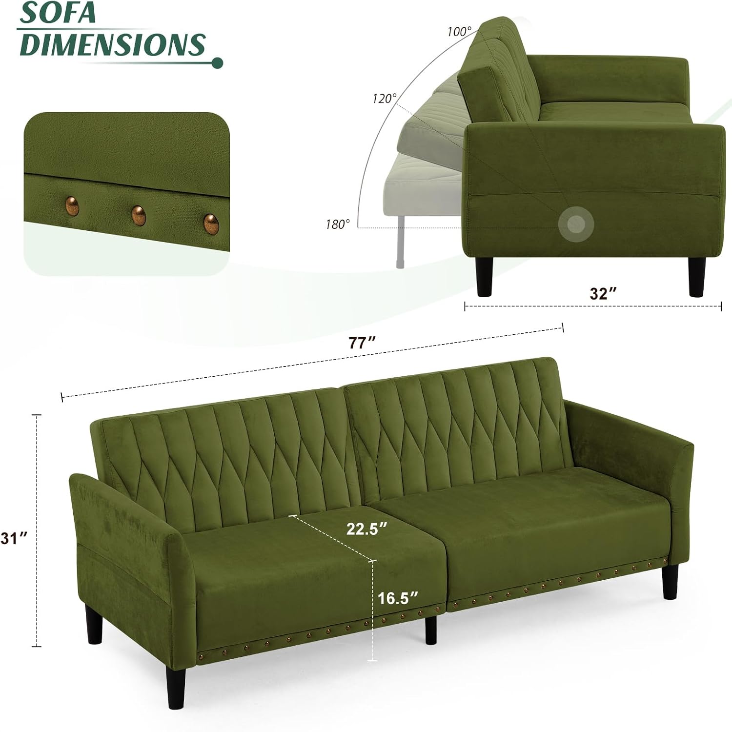 77' Velvet Sofa Bed with Adjustable Armrests and Backrests,Tufted Convertible Futon Couch with Nailhead Trim, Loveseat Modern Velvet Sleeper Sofa for Living Room,Bedroom,Office, Olive Green