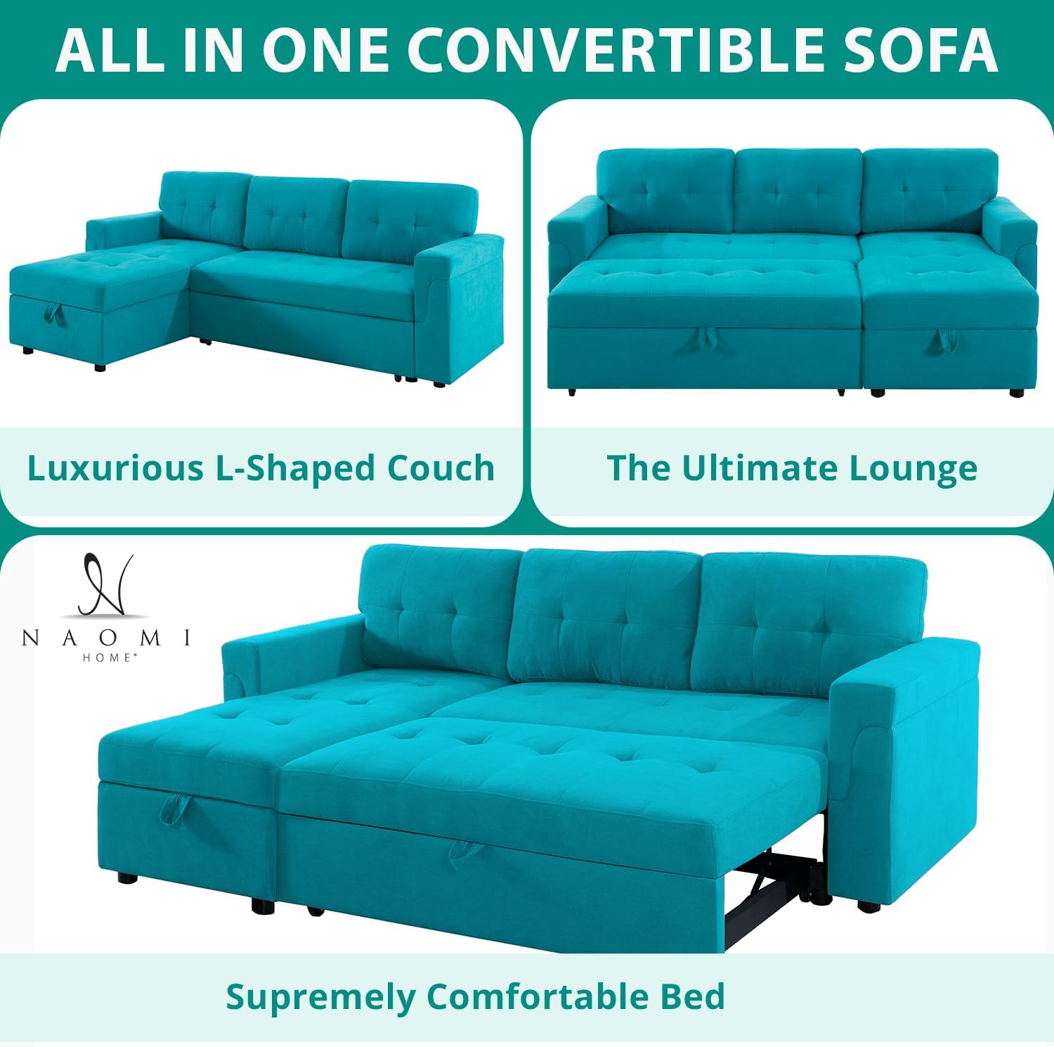 Naomi Home L Shaped Sectional Couch with Storage & Pull Out Bed – 3-in-1 Convertible Sleeper Sofa Bed, Small L Shape Sofa for Living Room, Sofa Bed with Storage Chaise in Teal, Velvet