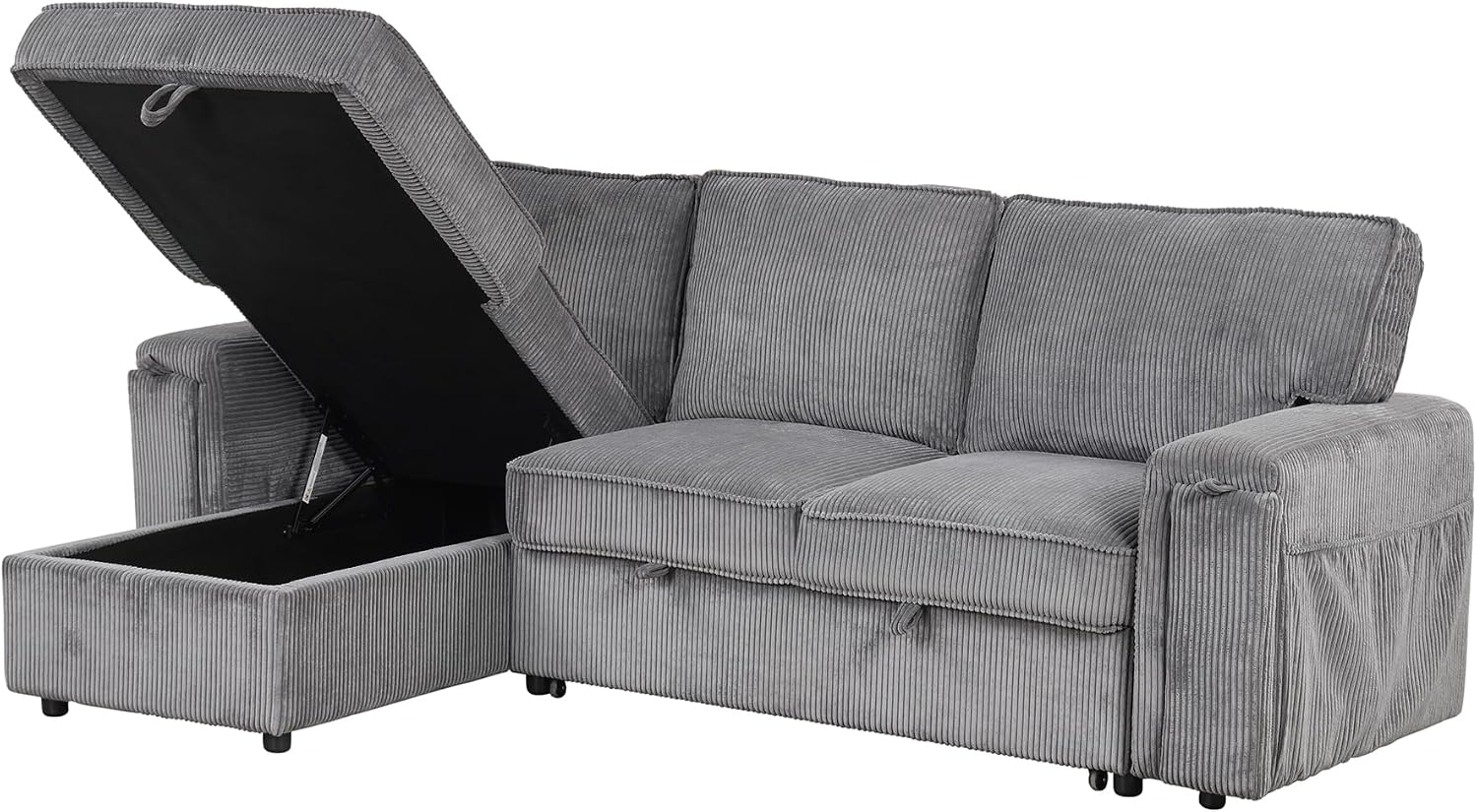 LUMISOL 96' Convertible Sectional Sofa with Pull Out Bed, Corduroy L-Shaped Sofa Bed with Storage Chaise, Sectional Sleeper Sofa with Cup Holders & Pockets for Living Room, Gray