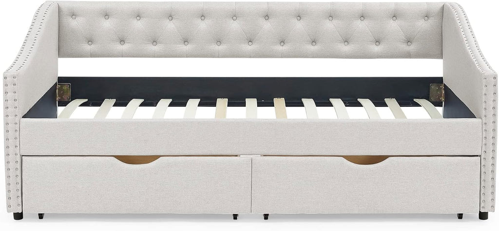 KEIKI Twin Size Upholstery Daybed with 2 Drawers and Headboard, Mid-Century Style Tufted Sofa Bed with Button on Back, Easy Assembly, No Box Spring Required, for Living Room and Bedroom, Beige
