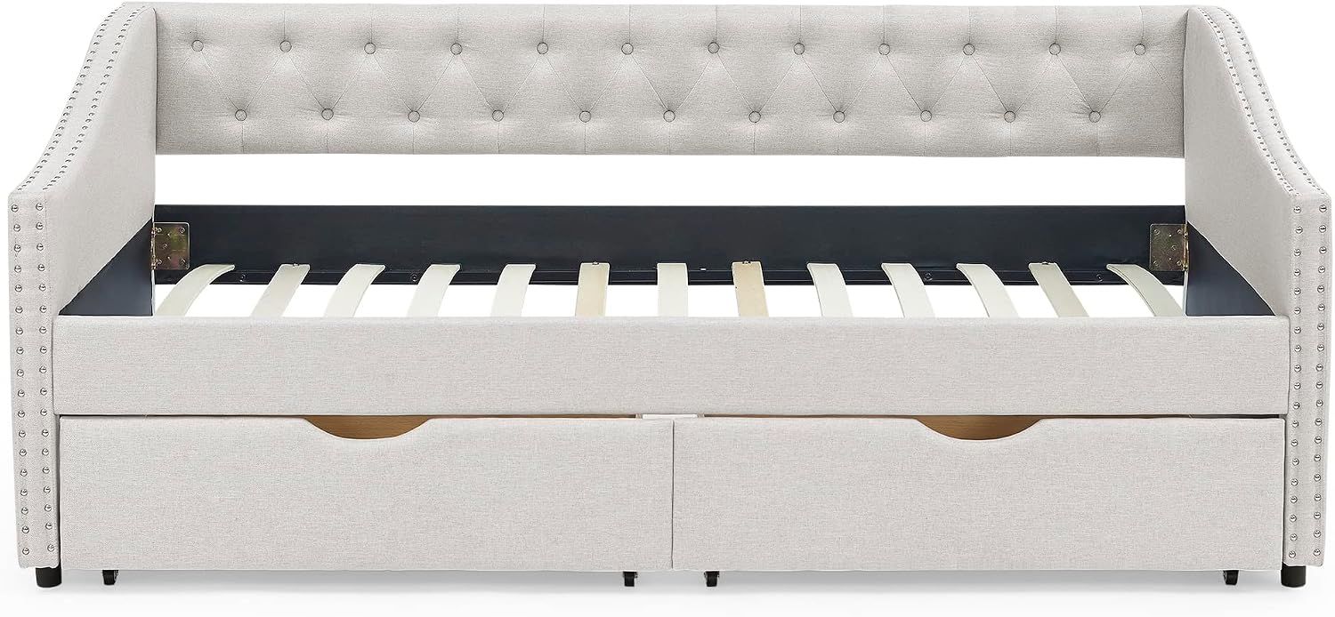KEIKI Twin Size Upholstery Daybed with 2 Drawers and Headboard, Mid-Century Style Tufted Sofa Bed with Button on Back, Easy Assembly, No Box Spring Required, for Living Room and Bedroom, Beige