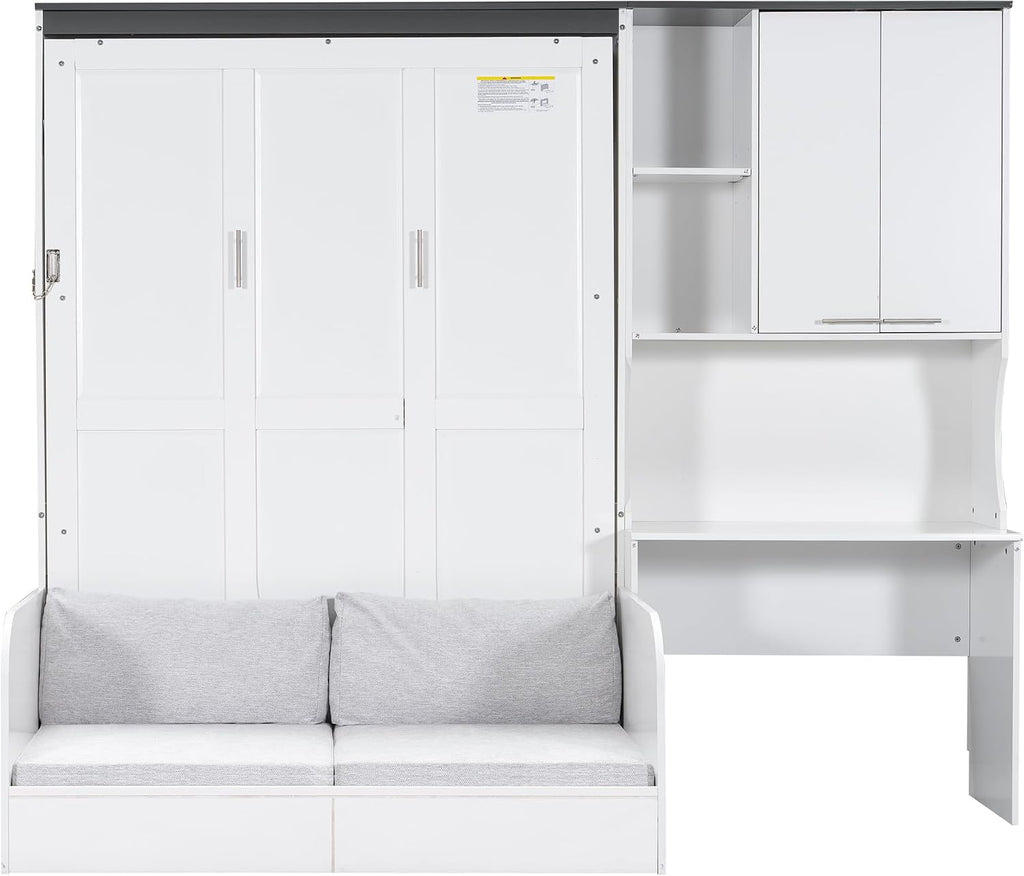 Merax Farmhouse Multi-Functional Murphy Bed with Sofa, Desk & Storage Cabinet,Solid Wood Foldable Wall Bed/Space Saving/No Box Spring Needed/Full,White + Gray