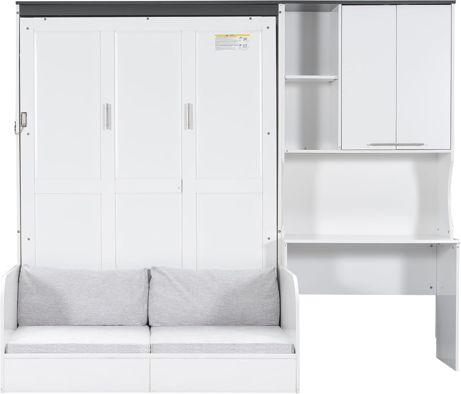 Merax Farmhouse Multi-Functional Murphy Bed with Sofa, Desk & Storage Cabinet,Solid Wood Foldable Wall Bed/Space Saving/No Box Spring Needed/Full,White + Gray