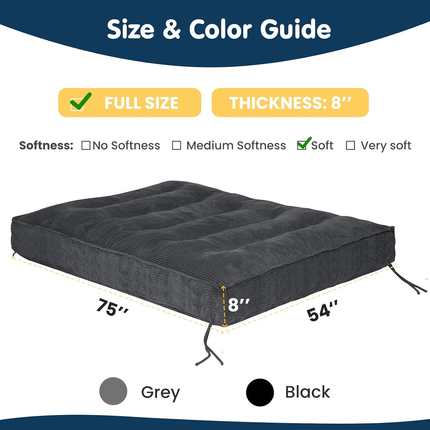 8 Inch Futon Mattress Full Size, Futon Floor Sofa Bed Foldable with Soft Corduroy Fabric - High Resilience Foam Filling - 2 Storage Straps for Home, Guest Room, Dorm, Grey (Frame Not Included)