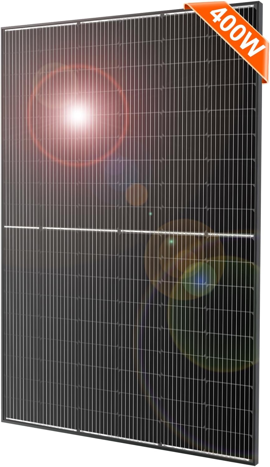 DOKIO Monocrystalline Solar Panel Size 400W 31V for 12/24V Devices, Aluminum Frame, 3m Cable, Pre-Drilled Holes for Yard, Garden, Shed, Off-Grid Power