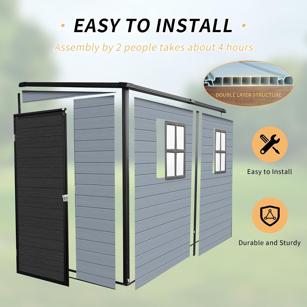 4x8FT Resin Outdoor Storage Shed with 2 Windows, Outdoor Storage Shed with Floor Lockable Door for Garden Tools, Bicycles, Trash Cans, Gray+Black (4x8 FT Steel)