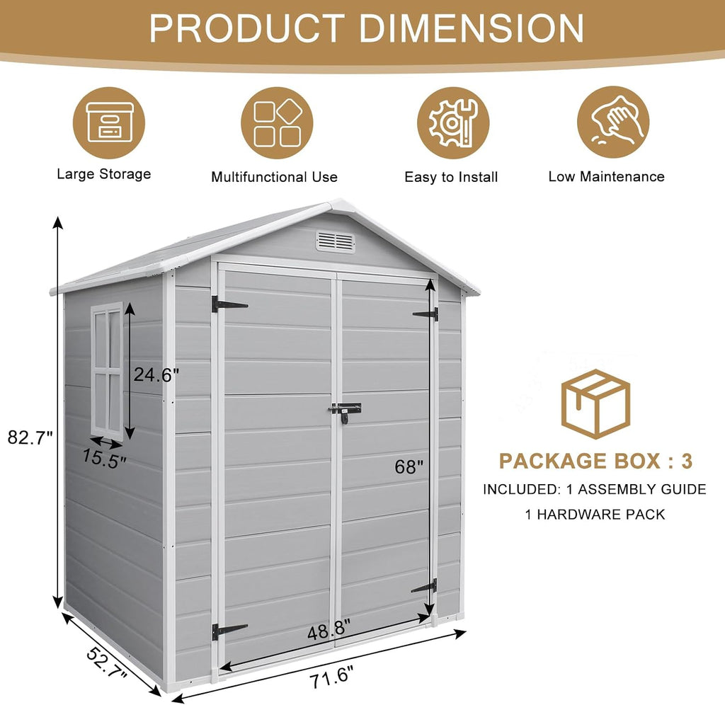 VINGLI 6x4.5 FT Outdoor Plastic Storage Shed, Patio Storage Bins with Weatherproof, Lockable Design with Large Capacity for Garden Tools, Light Grey