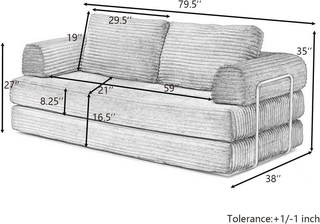HANXIN 80 Inch Convertible Sleeper Sofa Bed, High Back Plush Corduroy Folding Floor Mattress Couch with Fixed-Shape Frame, Boneless Futon Loveseat with Pull Out Bed, No Assembly Required (Beige)