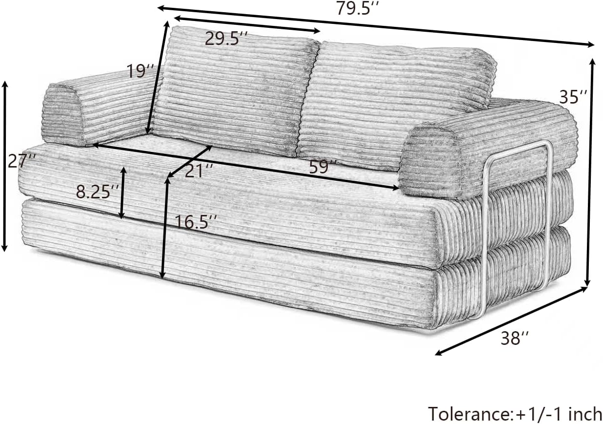 HANXIN 80 Inch Convertible Sleeper Sofa Bed, High Back Plush Corduroy Folding Floor Mattress Couch with Fixed-Shape Frame, Boneless Futon Loveseat with Pull Out Bed, No Assembly Required (Beige)