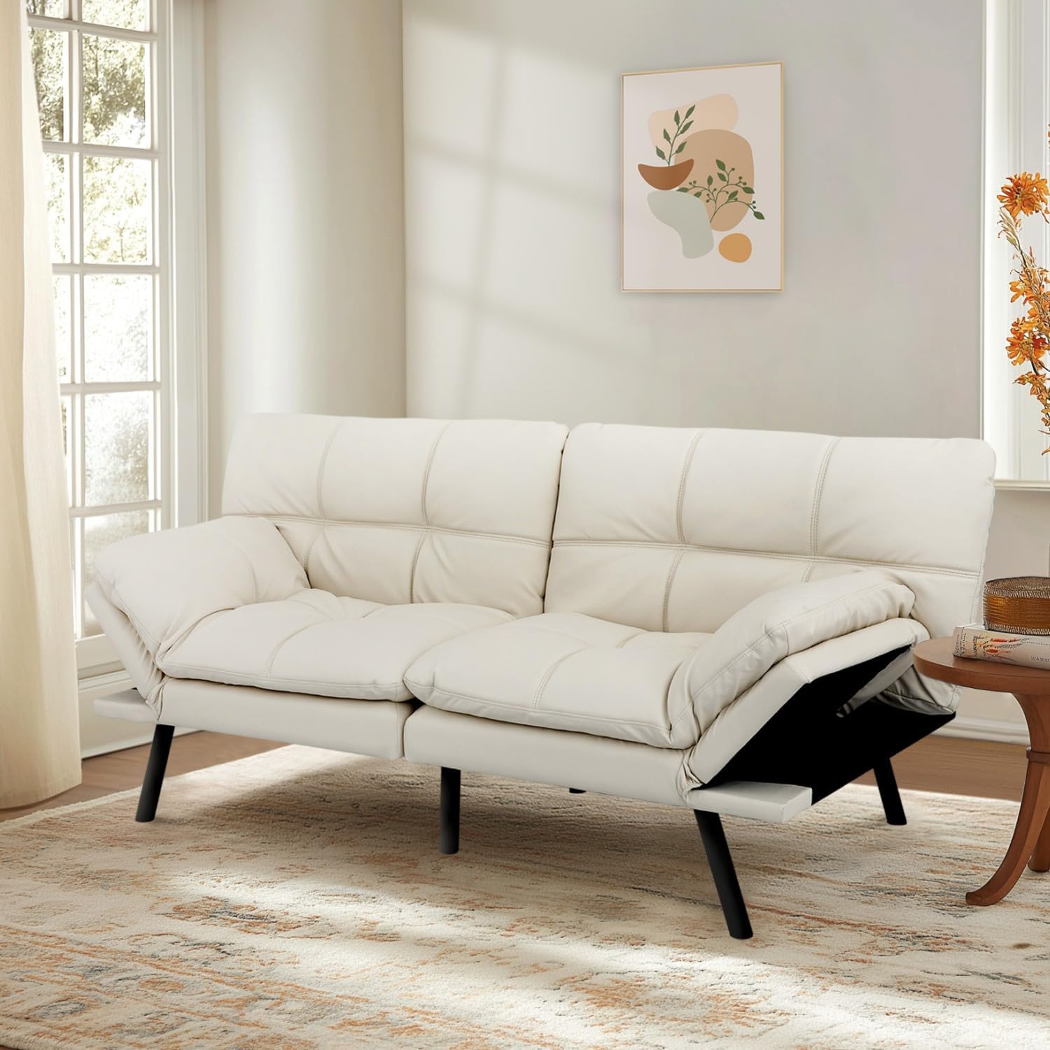 MUUEGM 71-Inch Convertible Futon Sofa Bed with Adjustable Backrest & Removable Armrests, Foldable Sleeper Loveseat for Small Space Living Room, Studio Apartment, Home Office，White