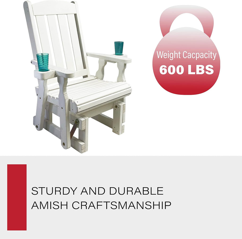 Amish Casual Heavy Duty 600 Lb Mission High Back Treated Glider Chair with Cupholders (Semi-Solid White Stain)