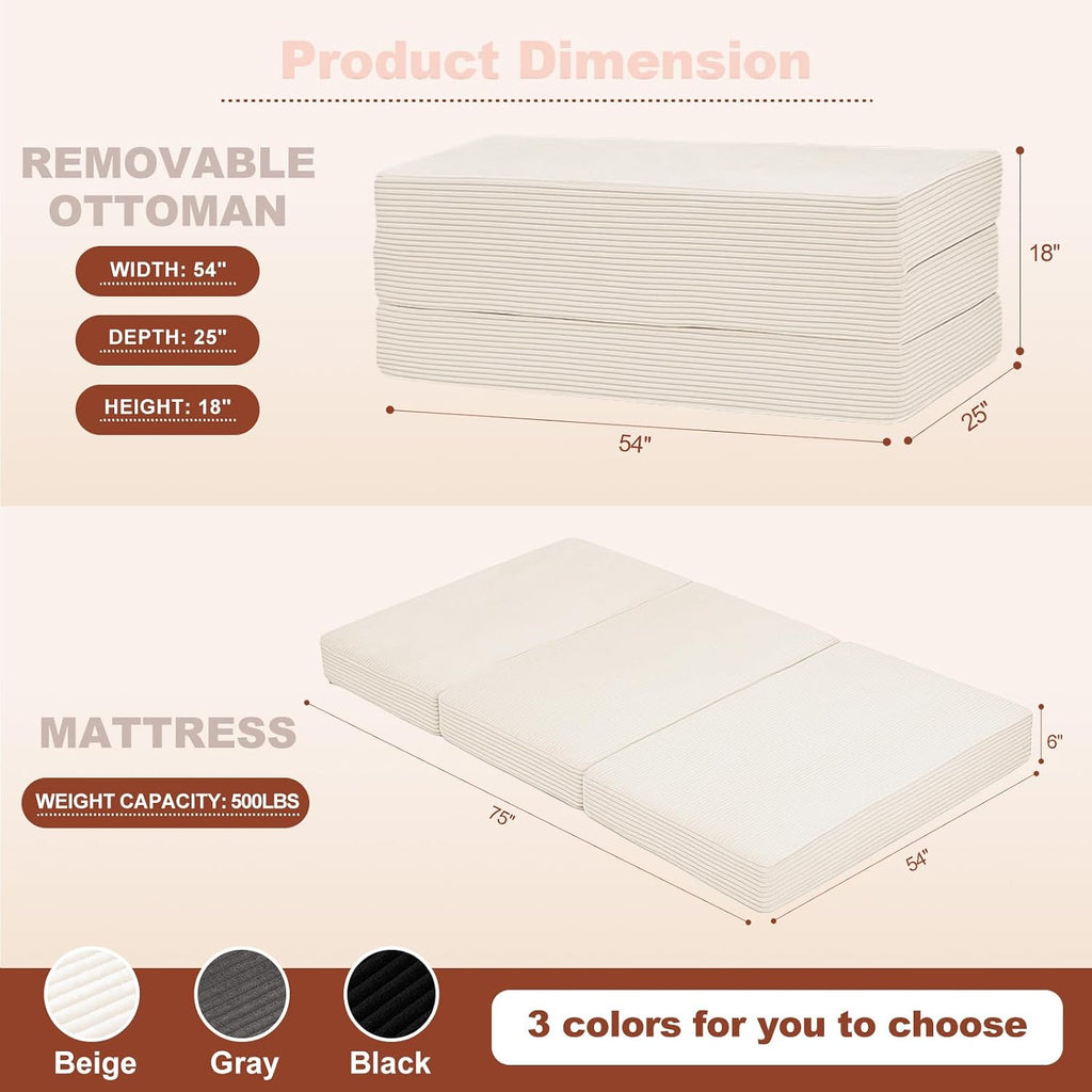 6-Inch Tri-Fold Foldable Mattress, Folding Sofa Bed with Removable Washable Cover, Portable Futon Mattress Full Size Floor Guest Mat with Non-Slip Bottom & Carry Handles for Camping (Beige, Full)