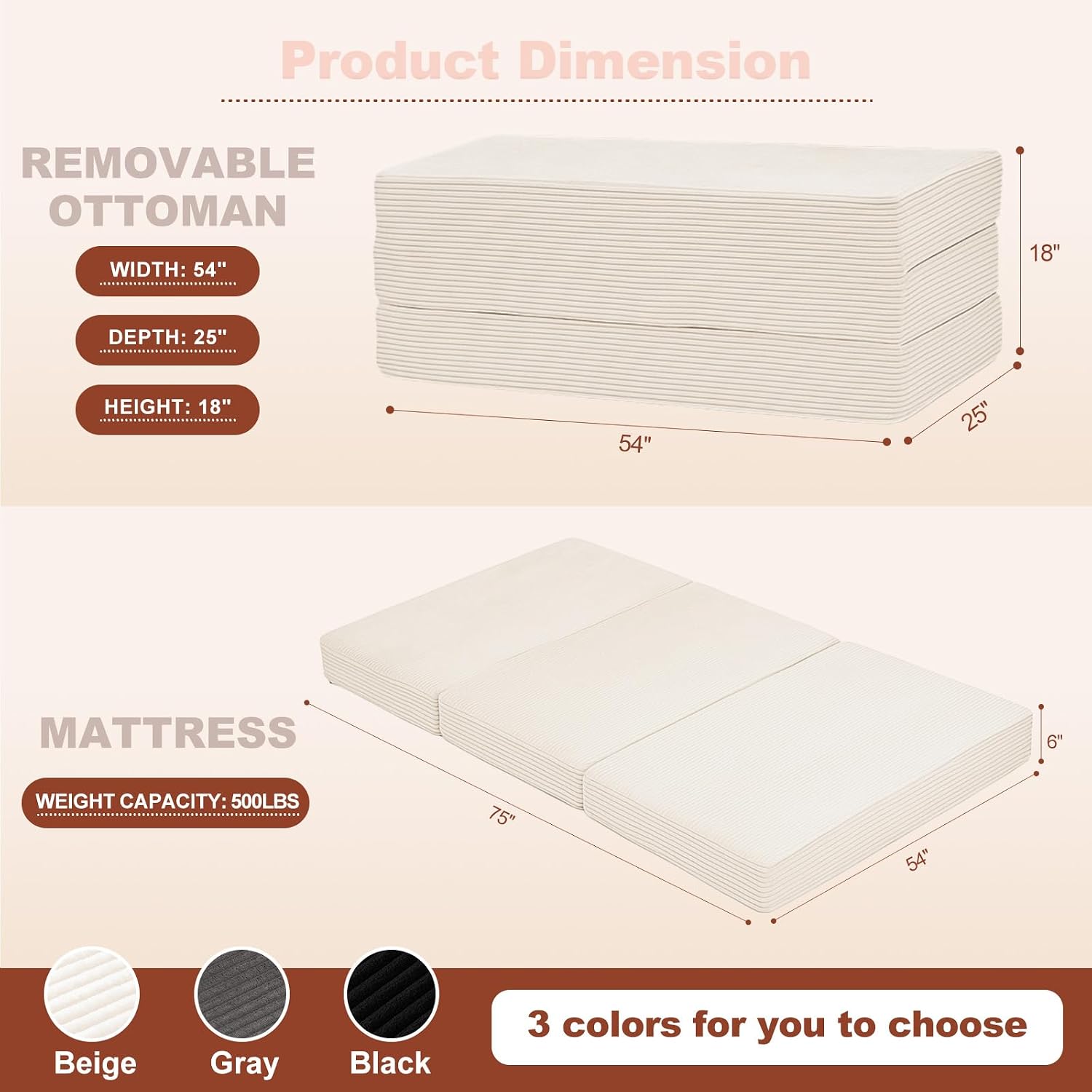 6-Inch Tri-Fold Foldable Mattress, Folding Sofa Bed with Removable Washable Cover, Portable Futon Mattress Full Size Floor Guest Mat with Non-Slip Bottom & Carry Handles for Camping (Beige, Full)