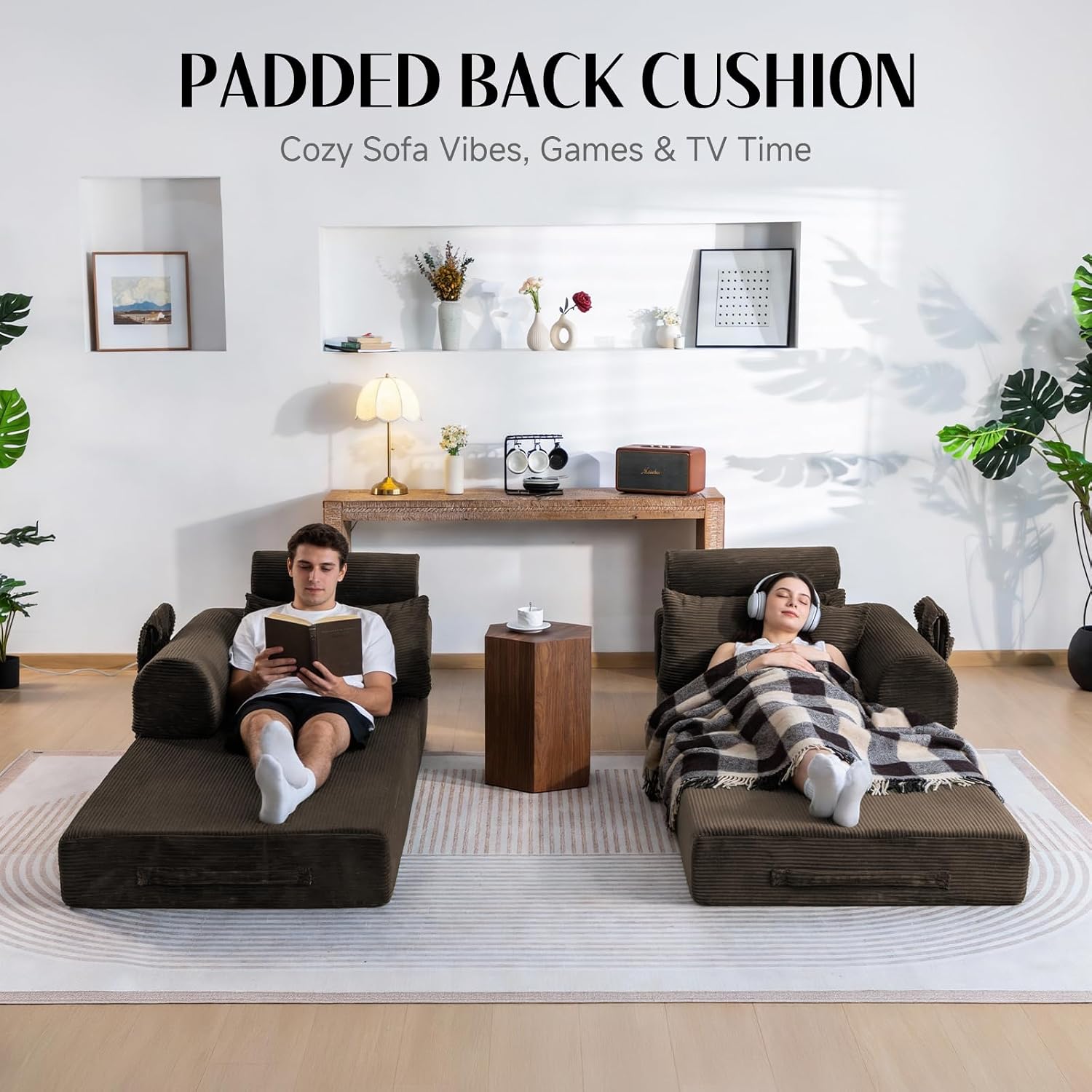 79' Convertible Boneless Couch for Small Spaces, 6-in-1 Corduroy Sofa Bed with High Backrest, Pillows, High-Density Foam Loveseat Sleeper Couch in a Box for Living Room, No Assembly, Brown