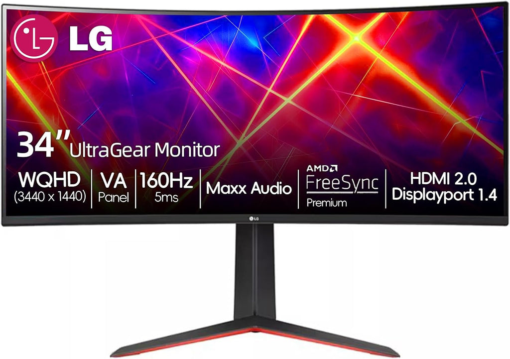 LG 34' Curved Ultragear Gaming Monitor, QHD(3440x1440), 160Hz, AMD FreeSync, HDR10, sRGB 99%, Built-in Speakers, Multitasking and Content Creation, DisplayPort & HDMI, Tilt/Height Adjustable Stand