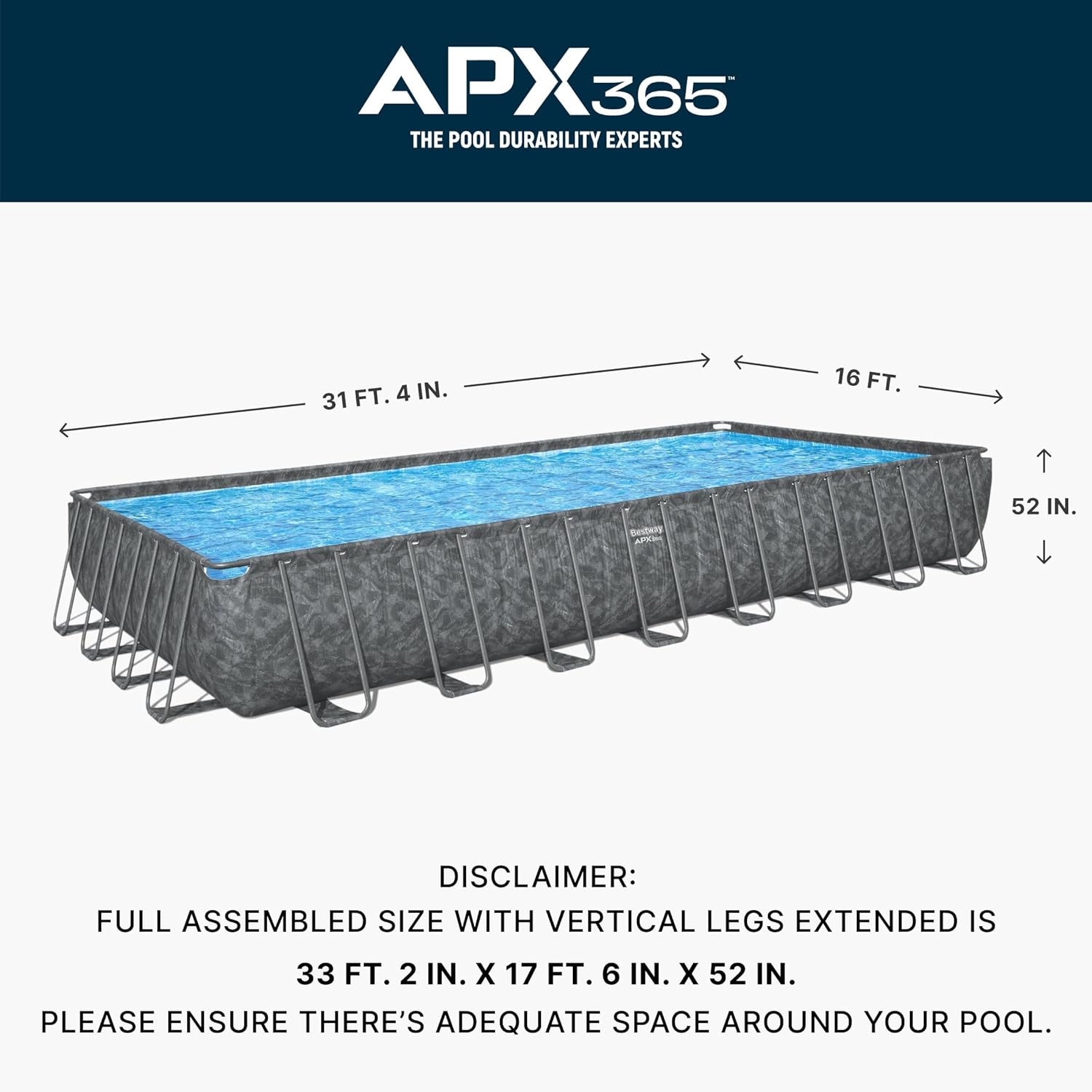 Bestway APX 365 31'4' x 16' x 52' Above Ground Pool, Rectangular Metal Frame Outdoor Swimming Pool Set with Sand Filter Pump, Ladder, and Cover, Dark Marble