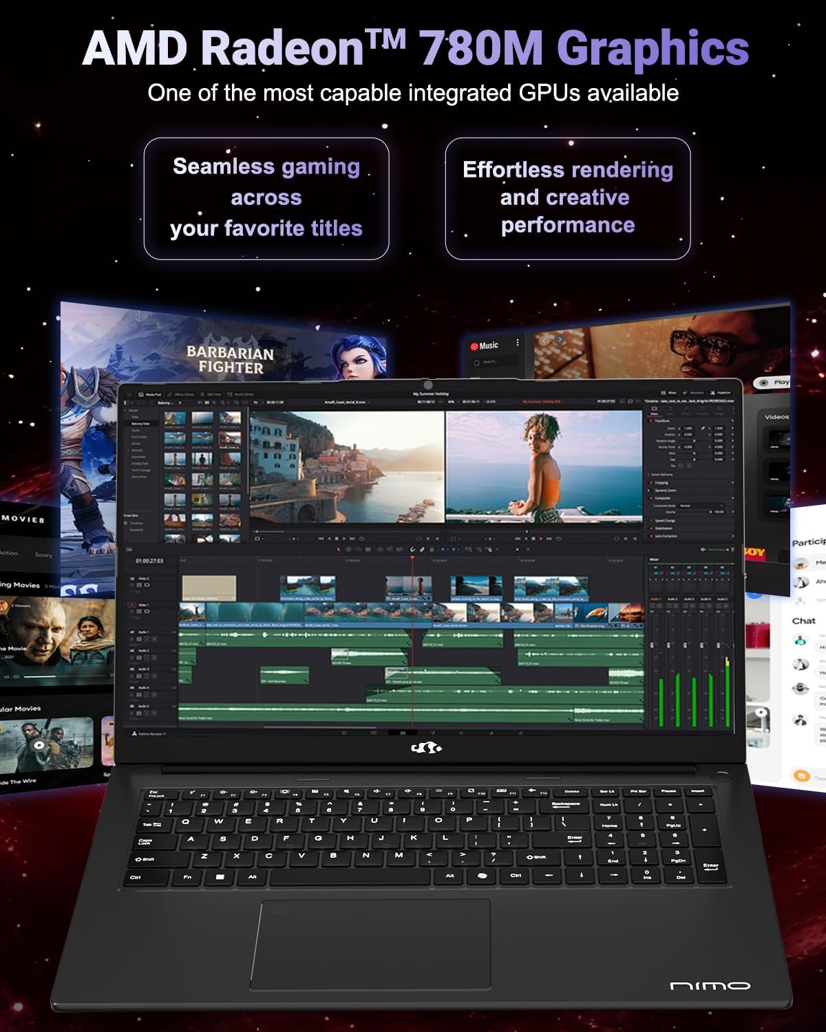 NIMO 17.3' Light-Gaming-Laptop, 8 Cores AMD Ryzen 7 8745HS 32GB DDR5 RAM 1TB SSD (Beat R9 6900HX, up to 4.9GHz) Radeon 780M GPU IPS FHD Computer with 100W Type-C Fingerprint, Backlit Keyboard