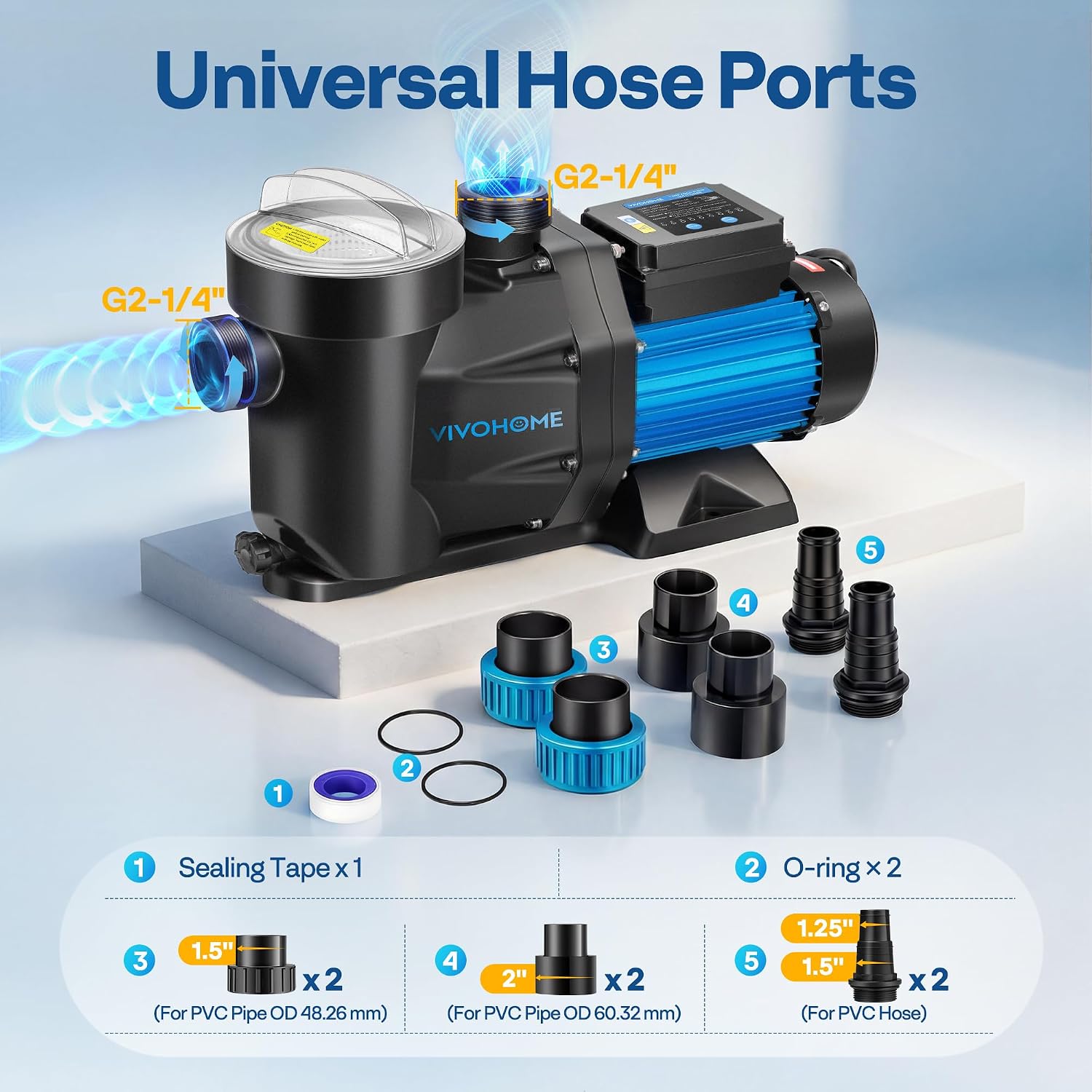 VIVOHOME Self Primming in/Above Ground Swimming Pool Pump w 1.25'' & 1.5' & 2.0'' Unions Energy Saving w/Strainer Baske, 6360 GPH