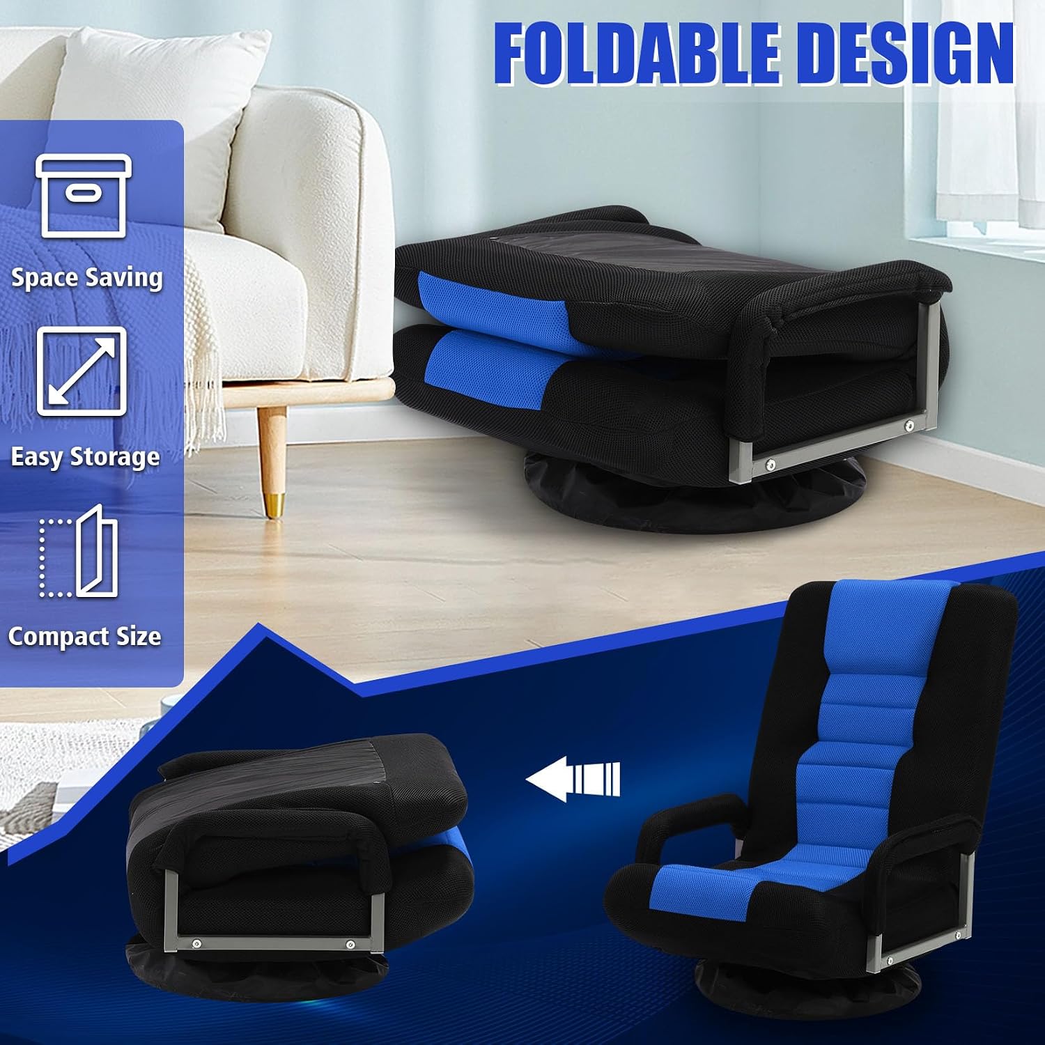 Swivel Gaming Chair Multipurpose 2PACK Floor Gaming Chair for Playing Video Games, TV, Reading w/Armrest Lumbar Support & 6 Adjustable Postion Backrest for Adults,Blue