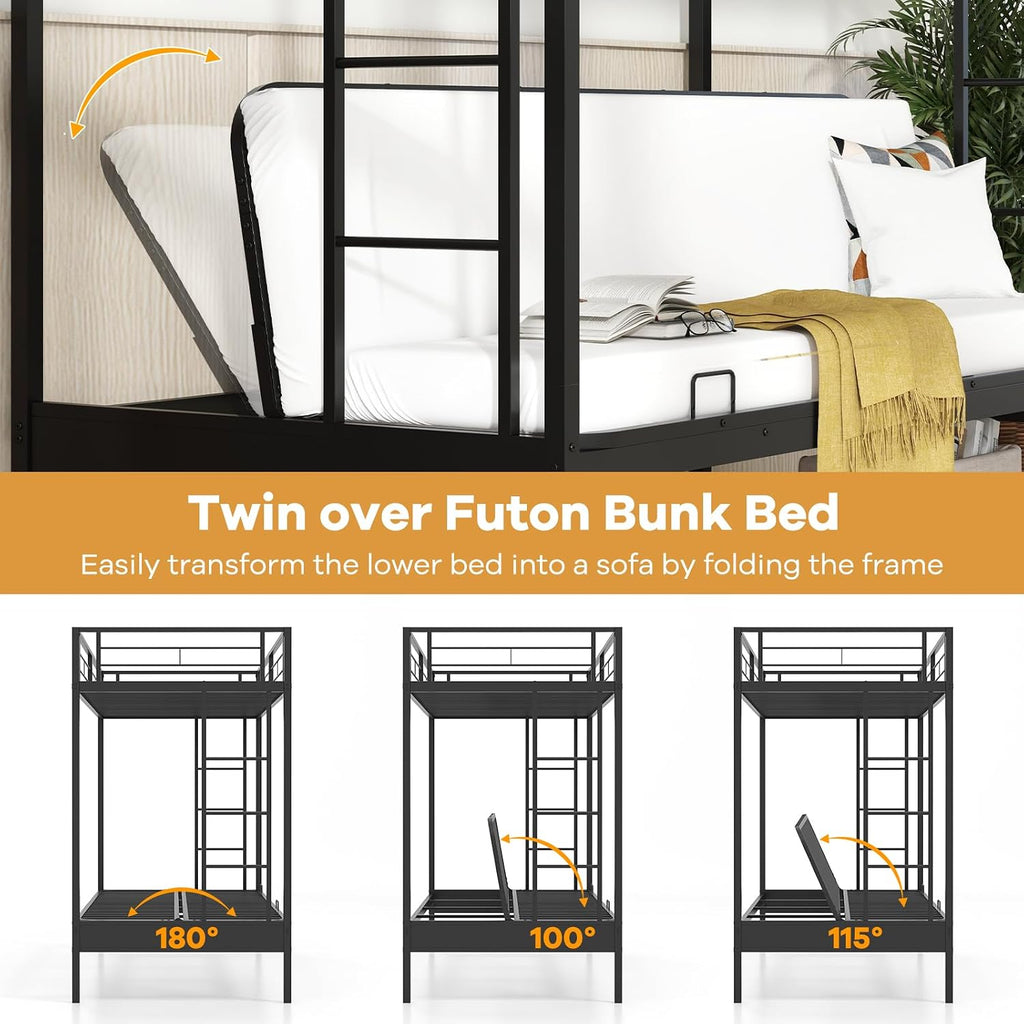 Giantex Twin Over Twin Futon Bunk Bed, Convertible Metal Bunk Bed with Futon Frame, 2 Ladders & Safety Guardrails, Heavy Duty Sofa Couch Beds with Under-Bed Space, for Kids, Teens, Adults, Black