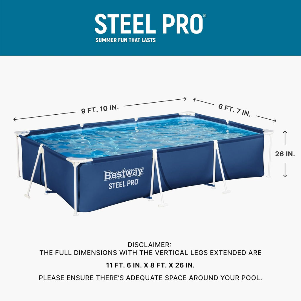 Bestway Steel Pro 9.8' x 6.6' x 26' Above Ground Pool, Rectangular Metal Frame Outdoor Swimming Pool Set with Filter Pump & Type I Cartridge, Blue
