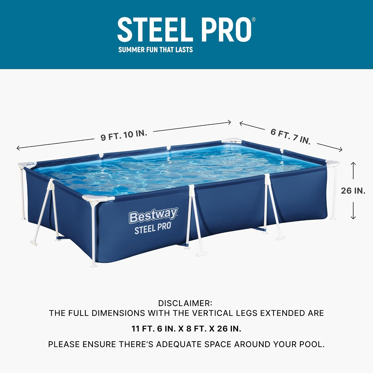 Bestway Steel Pro 9.8' x 6.6' x 26' Above Ground Pool, Rectangular Metal Frame Outdoor Swimming Pool Set with Filter Pump & Type I Cartridge, Blue