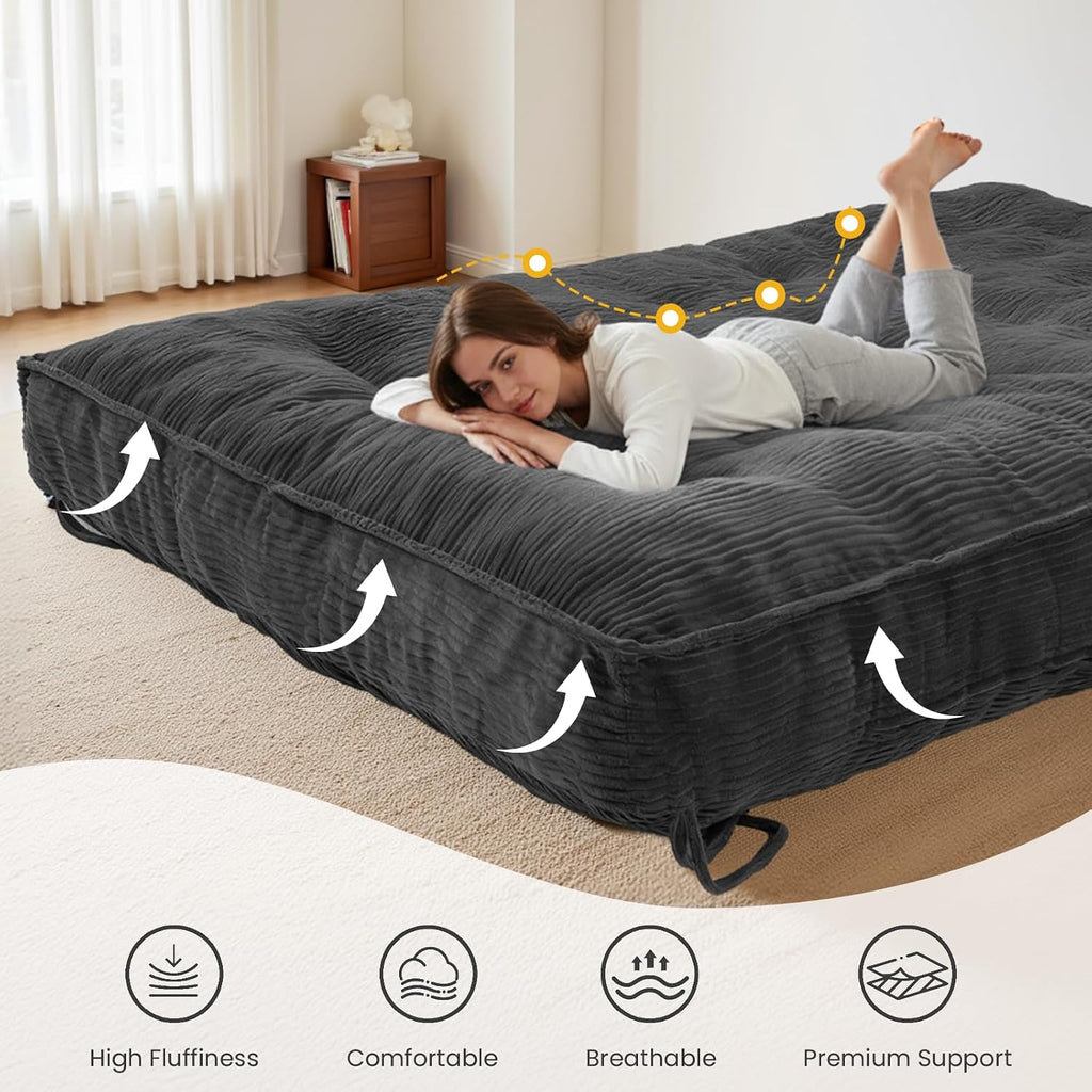 8 Inch Futon Mattress Full Size, Futon Floor Sofa Bed Foldable with Soft Corduroy Fabric - High Resilience Foam Filling - 2 Storage Straps for Home, Guest Room, Dorm, Grey (Frame Not Included)