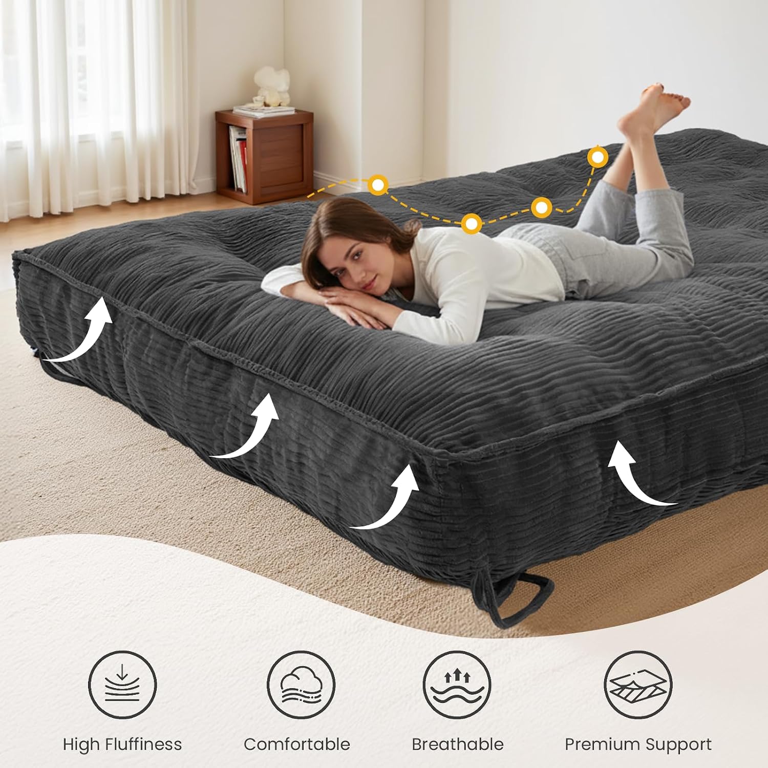 8 Inch Futon Mattress Full Size, Futon Floor Sofa Bed Foldable with Soft Corduroy Fabric - High Resilience Foam Filling - 2 Storage Straps for Home, Guest Room, Dorm, Grey (Frame Not Included)