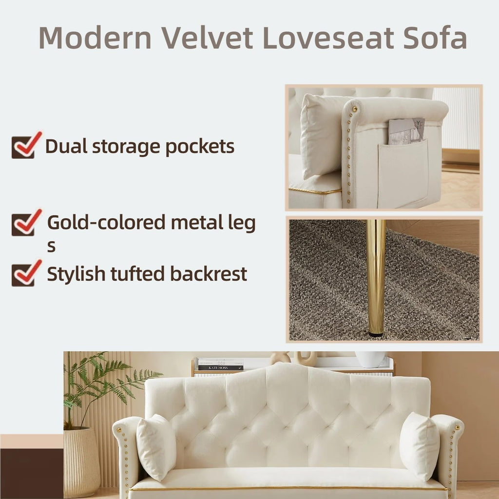 oaaktu Small Velvet Loveseat Sofa with Gold Metal Legs,55-inch Modern Sofa Couch with 2 Side Pockets,Couch with Tufted Backrest for Living Room Bedroom Office (Beige)
