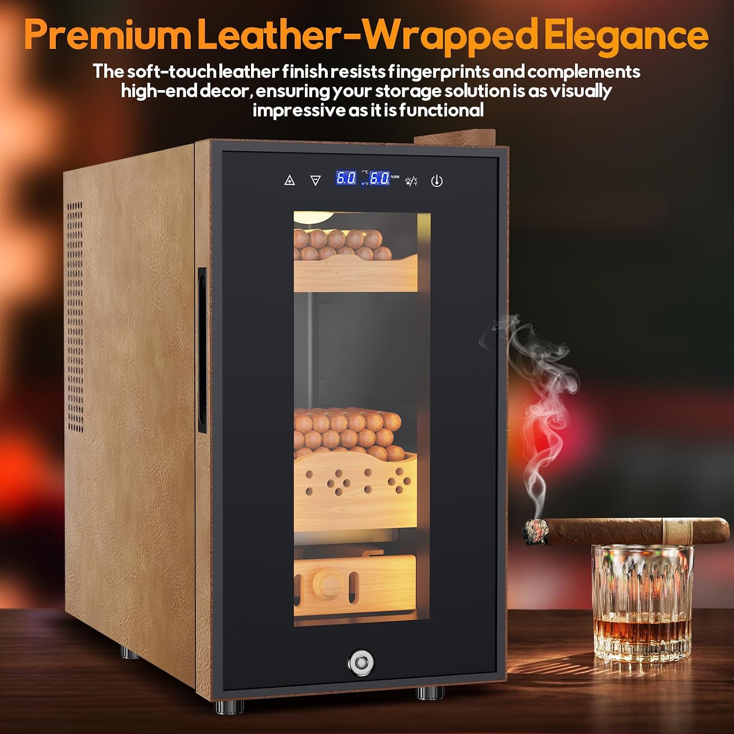 25L Electric Humidor with Upgraded Design, 200 Counts Large Capacity,Thermostatic Electric Cooler Cabinet with Digital LED Screen, Safety Lock,Smart Humidity & Temp Control, Gifts for Men
