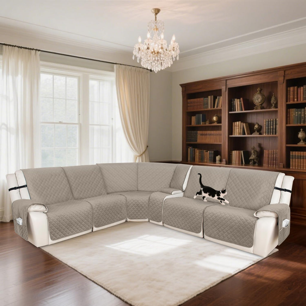 HDCAXKJ 100% Waterproof Recliner Sectional Couch Covers XX-Large L Shaped Corner Reclining Sofa Cover Washable Thick Non Slip Sectional Slipcover with Pockets (XXL 5 Seat and 1 Middle Console, Khaki)
