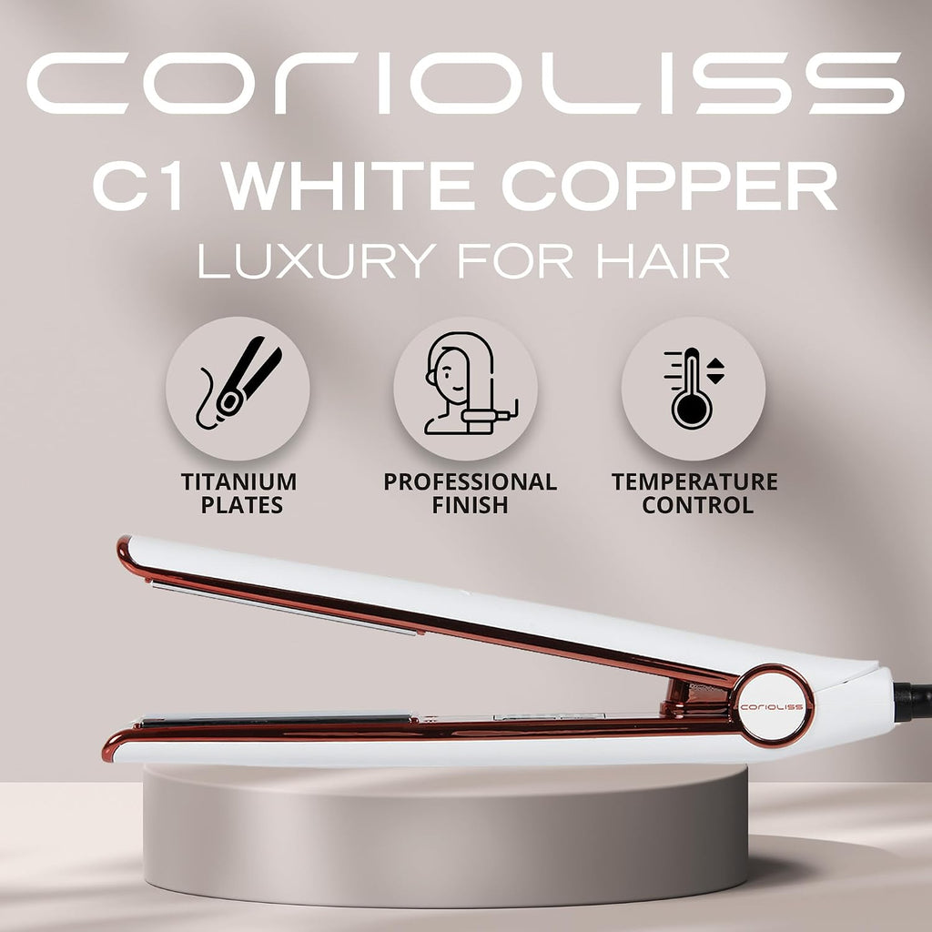Corioliss C1 Flat Iron Hair Straightener Professional Titanium Plates Temperature Control Travel Case (White Copper)