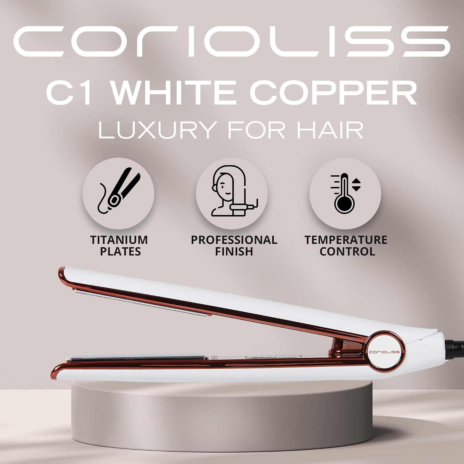 Corioliss C1 Flat Iron Hair Straightener Professional Titanium Plates Temperature Control Travel Case (White Copper)