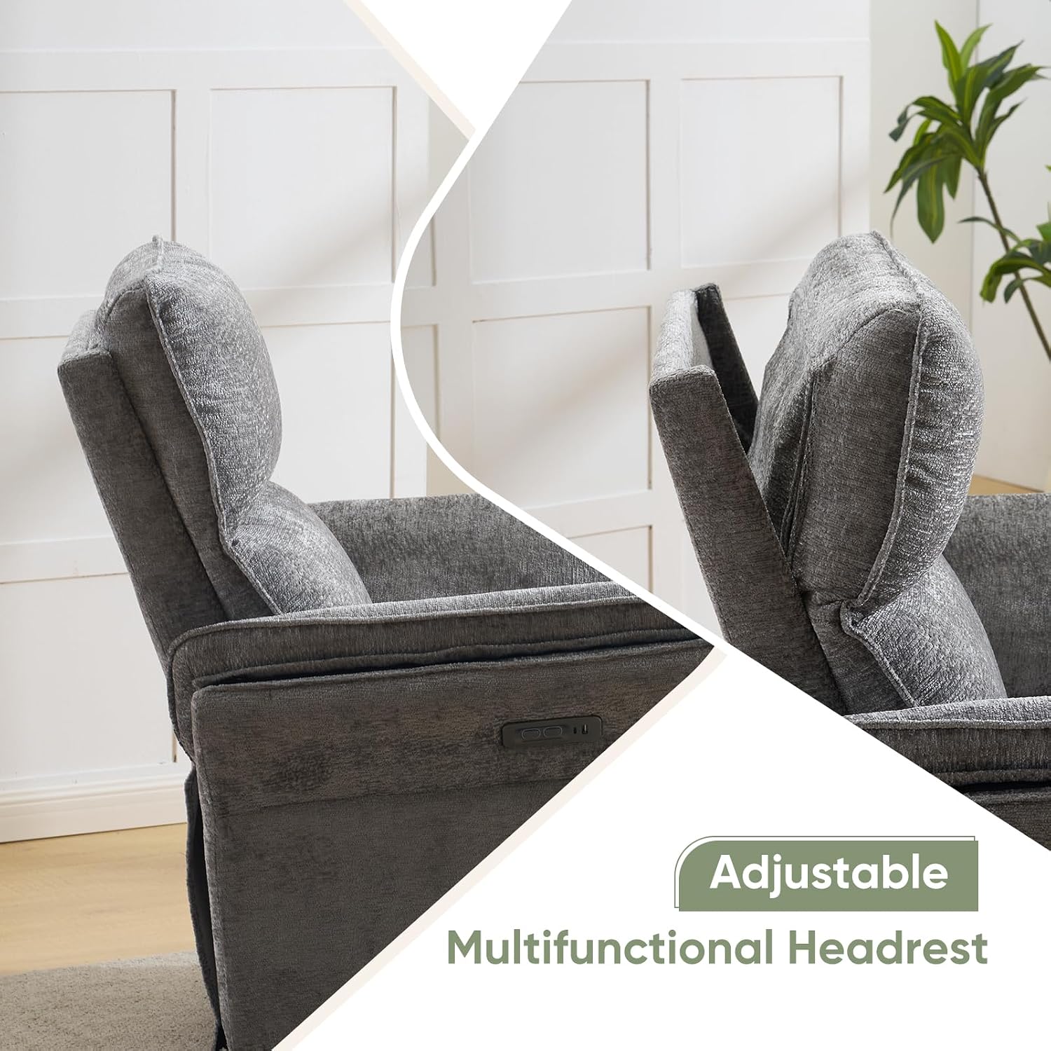 Power Swivel Rocker Recliner, Glider Recliner Nursery Chair with Massage and Heat, Nursery Rocking Chairs with Adjustable Headrest for Living Room，USB Ports,Side Pockets,Chenille Grey