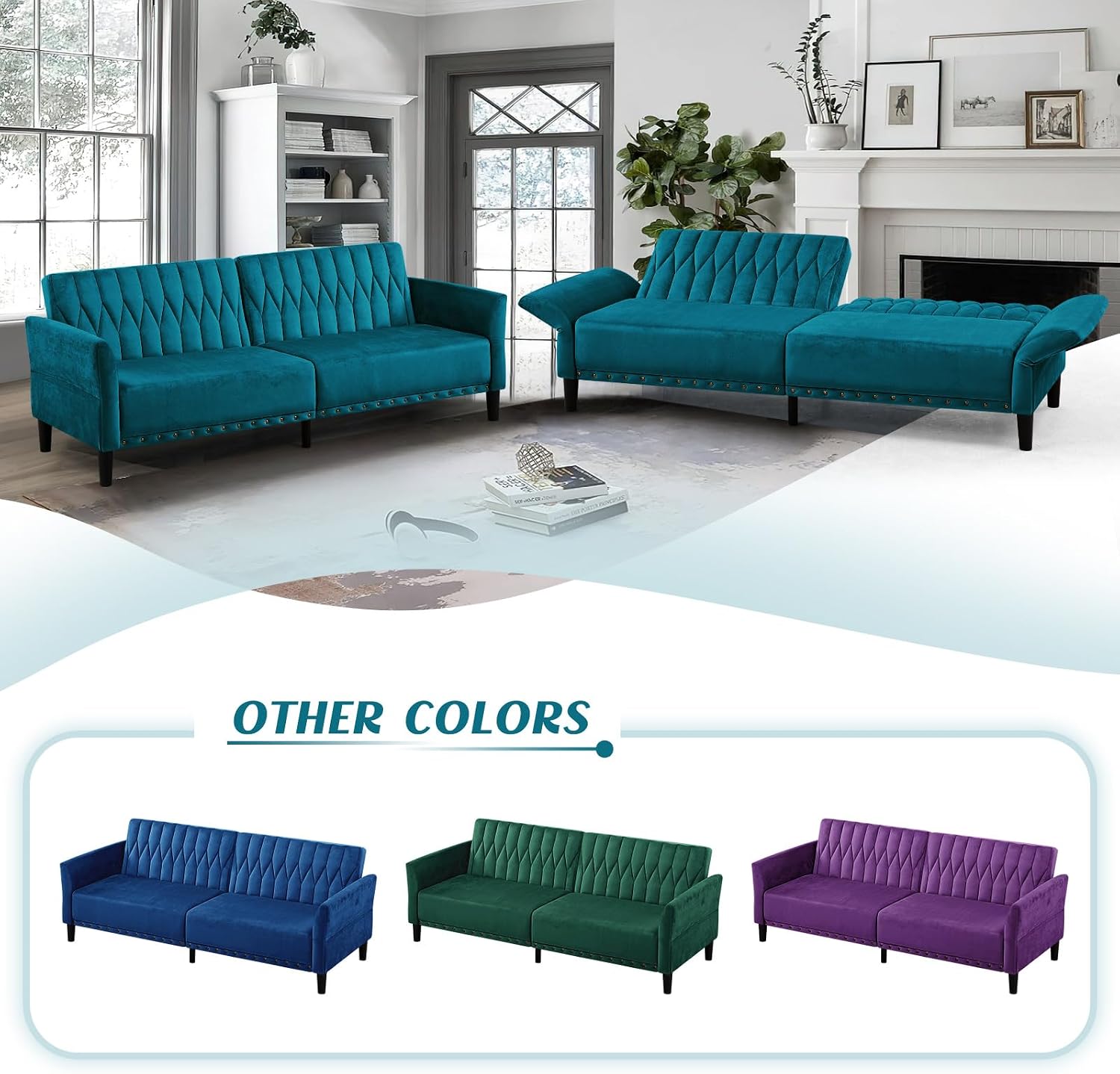 77 Inches Velvet Tufted Sofa Bed w/Adjustable Backrests & Armrests, Convertible Sleeper Sofa w/Nailhead Trim, Modern Loveseat Couch with Sturdy Legs for Living Room,Office,Teal