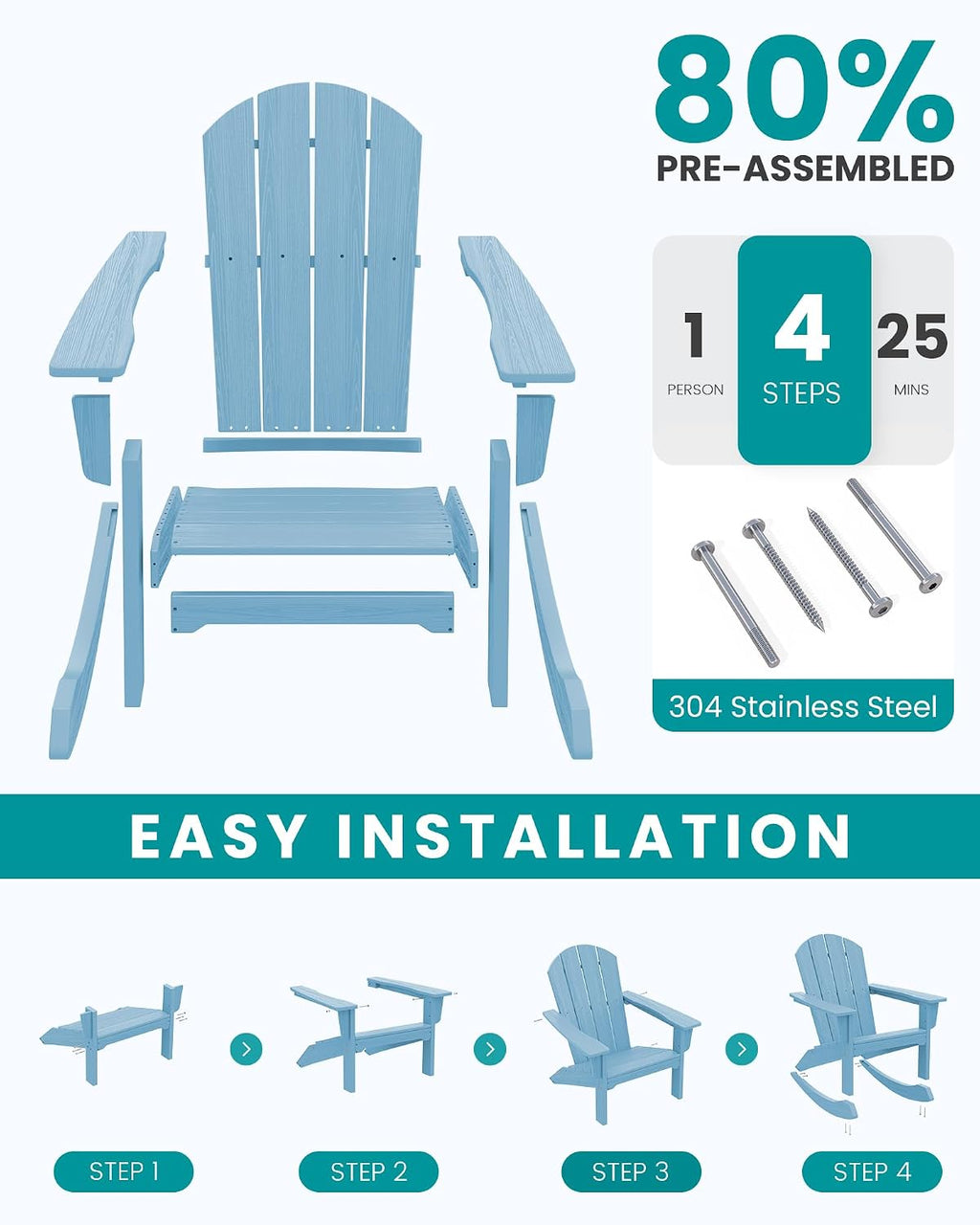 SERWALL Outdoor Adirondack Rocking Chair, All-Weather HDPE Adirondack Rocker Chair, Front Porch Rocker Chairs for Patio Lawn Porch Deck, Light Blue