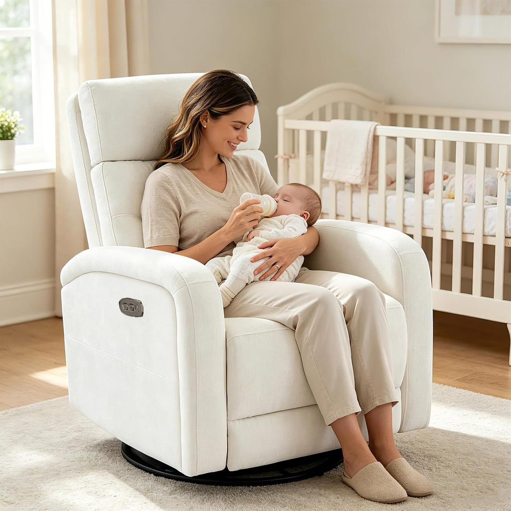 Power Glider Recliner Nursery Chair,Swivel Rocker Recliner with Adjustable Backrest Support,Chenille Nursery Rocking Chairs Recliner with USB and Type-C Ports for Nursery Living Room(Cream White)