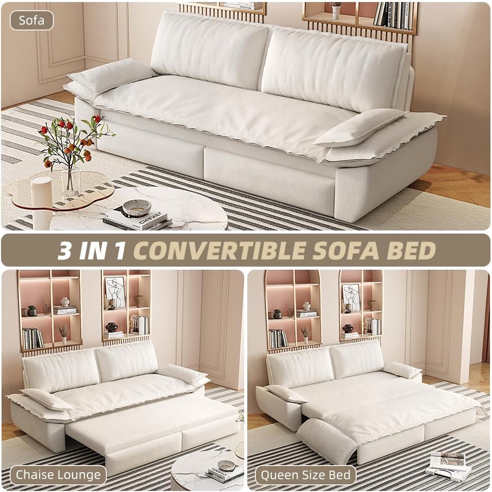 73.2' Sleeper Sofa Bed Queen, 3-in-1 Convertible Couch, Modern Pull Out Couches, Comfy Velvet Futon Sofa, Cloud Loveseat Lounge, Pillow Arm, for Small Spaces, Apartment, Living Room, Beige