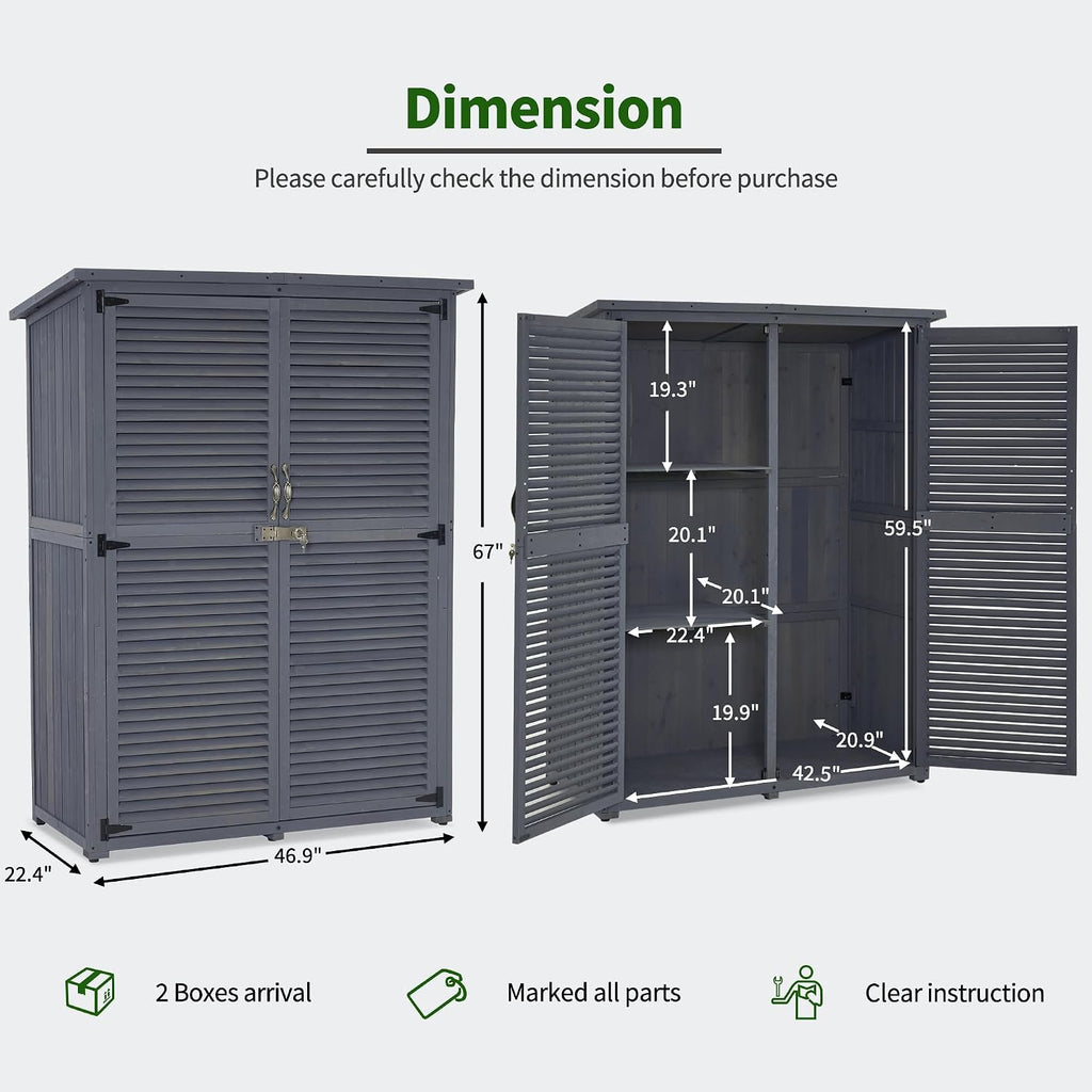 MCombo Outdoor Storage Cabinet, Wooden Storage Shed with Latch, Outside Garden Tool Shed with 2 Doors for Patio Yard Lawn, 1900 (Grey, Large)