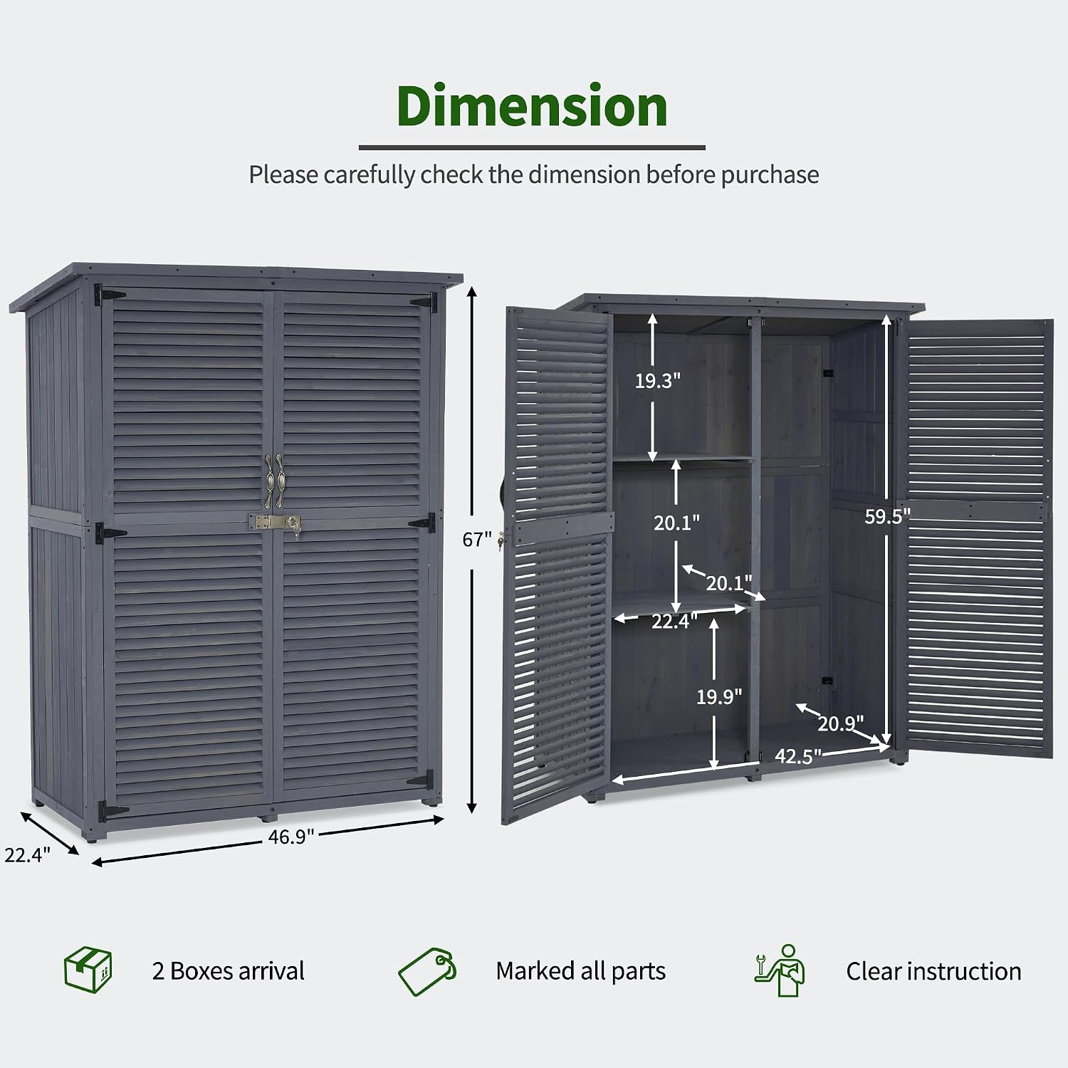 MCombo Outdoor Storage Cabinet, Wooden Storage Shed with Latch, Outside Garden Tool Shed with 2 Doors for Patio Yard Lawn, 1900 (Grey, Large)